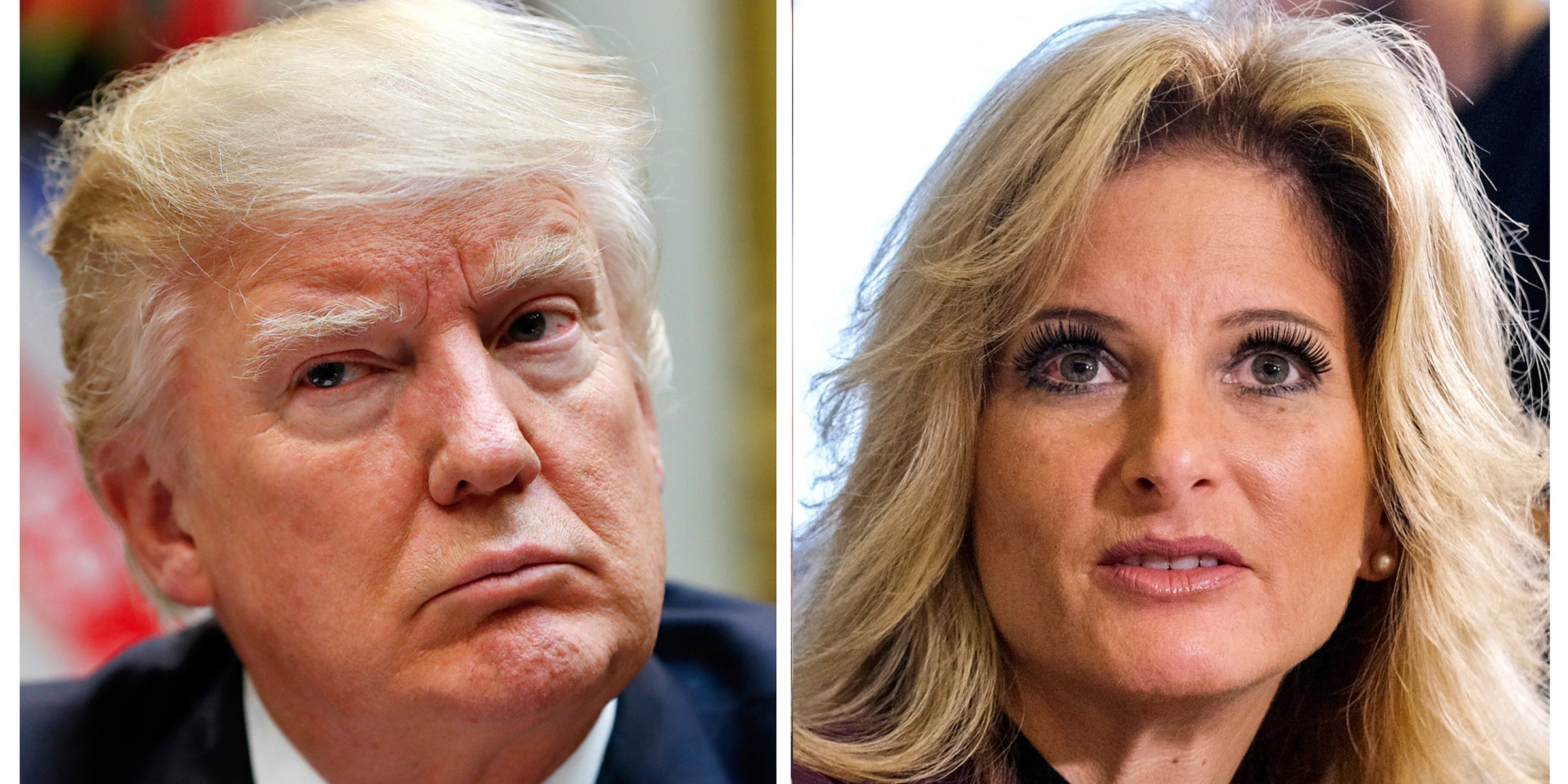 In this combination photo, President Donald Trump, left, listens during a meeting at the White House, on March 13, 2017 in Washington and Summer Zervos, a former contestant on "The Apprentice" appears at a news conference in Los Angeles on Oct. 14, 2016.