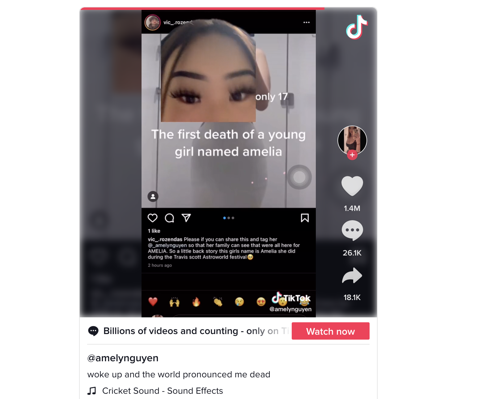 A screenshot of a TikTok with a woman's face and the words "The First death of a young girl named amelia"