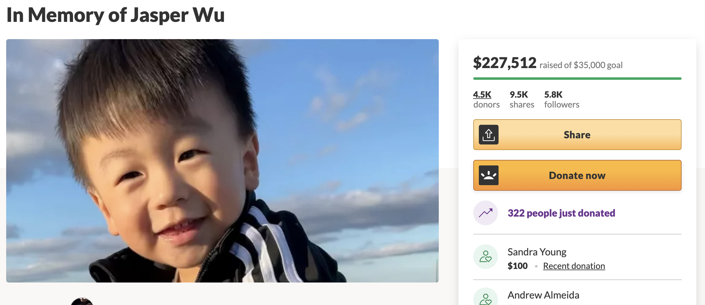 Screenshot of GoFundMe created by he Oakland Chinatown Chamber of Commerce following the death of 23-month-old Jasper Wu.