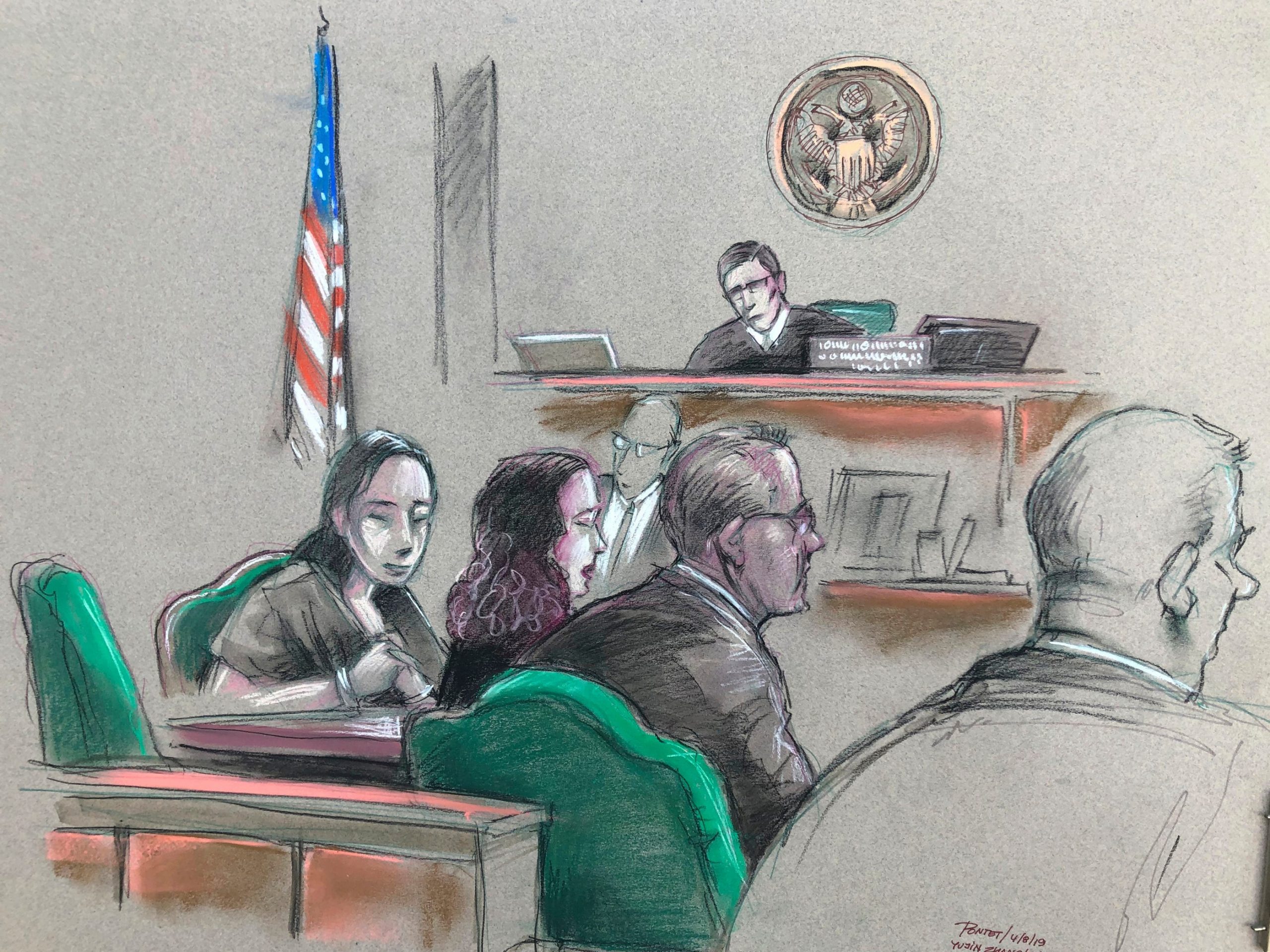 In this artist sketch, a Chinese woman, Yujing Zhang, left, listens to a hearing Monday, April 8, 2019, before federal Magistrate Judge William Matthewman in West Palm Beach, Fla. Secret Service agents arrested the 32-year-old woman March 30 after they say she gained admission by falsely telling a checkpoint she was a member and was going to swim. (Daniel Pontet via AP)