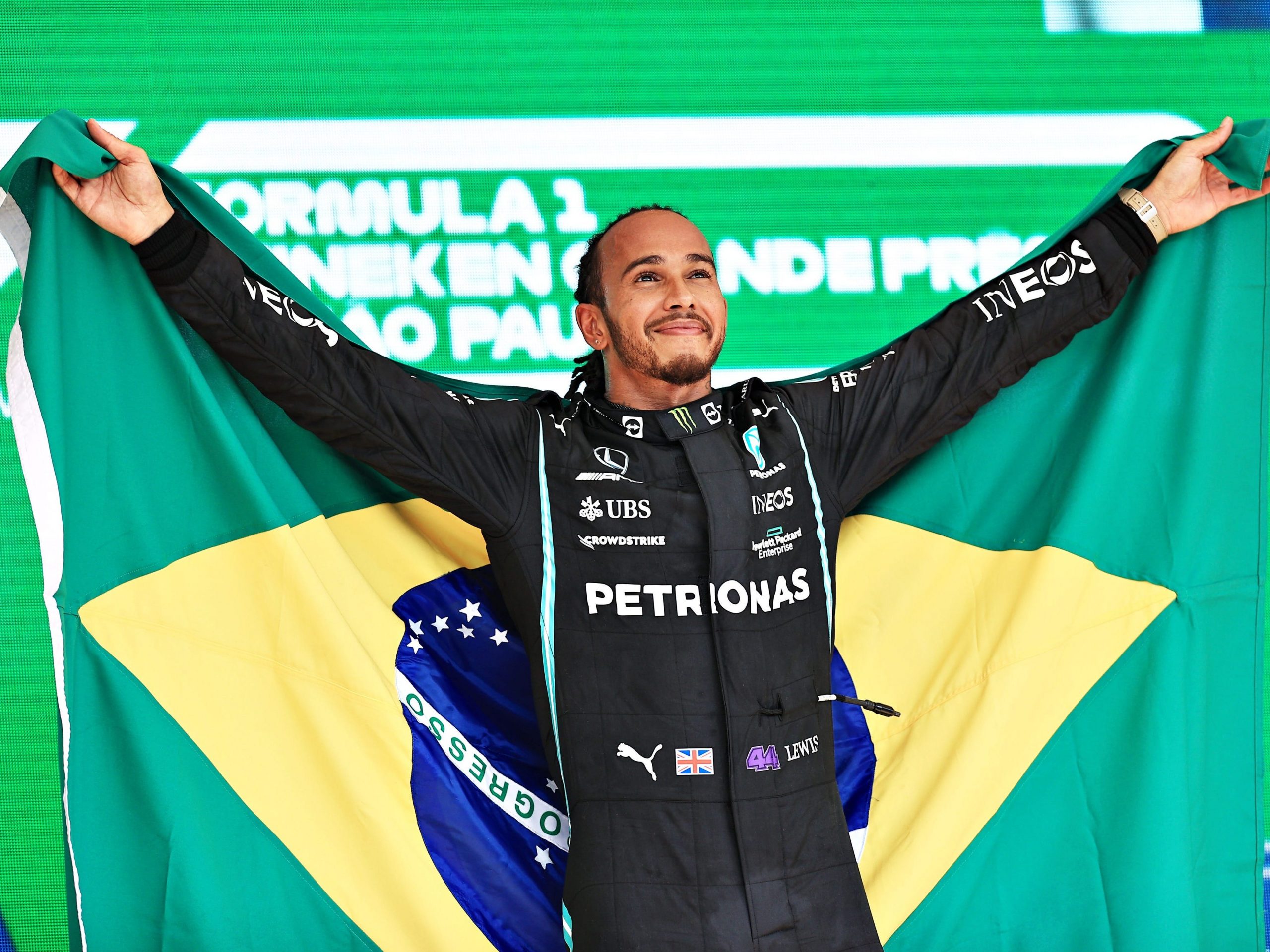 Lewis Hamilton celebrates after winning the Brazilian Grand Prix.