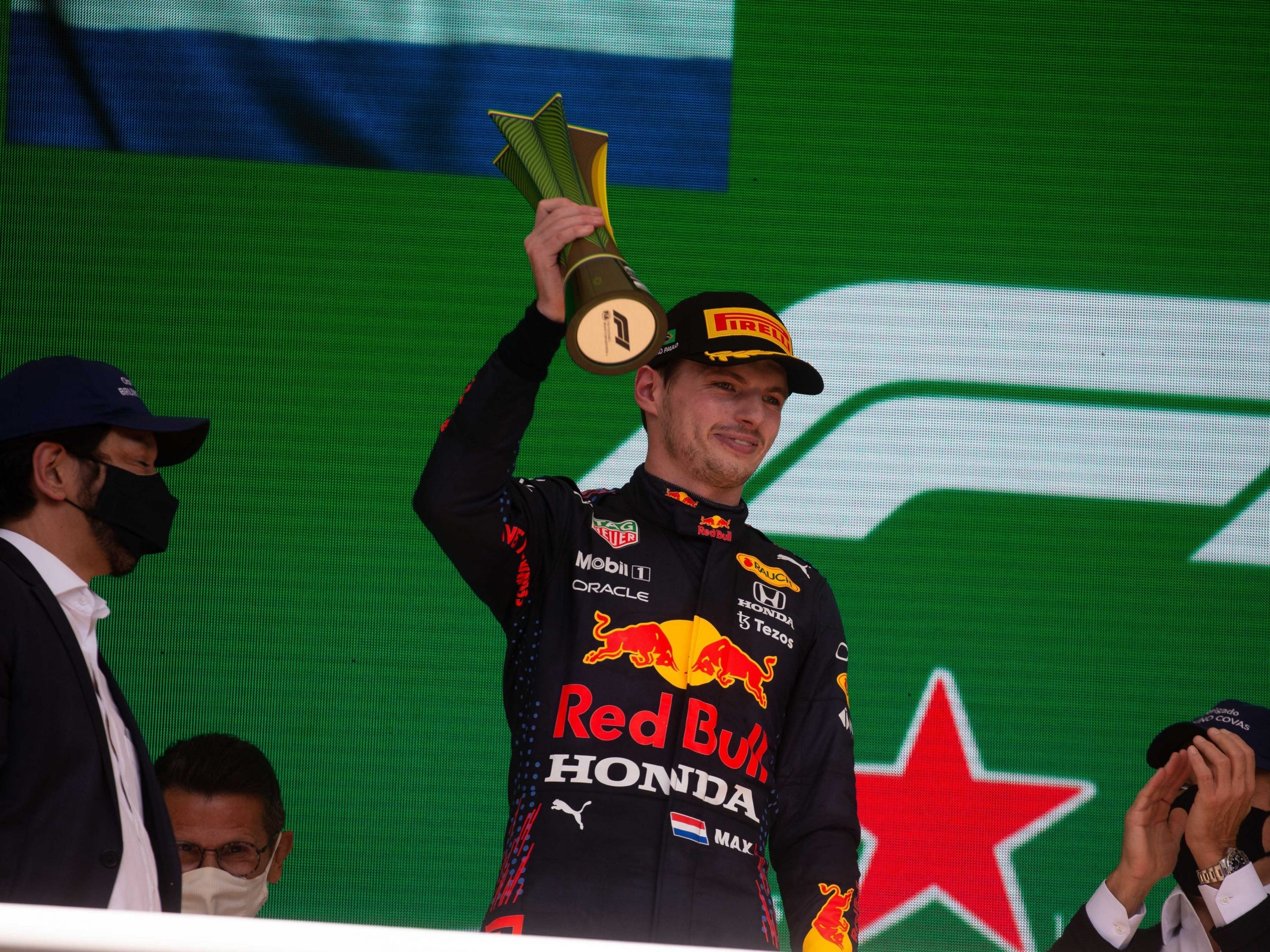 Max Verstappen celebrates after coming second in the Sao Paulo Grand Prix.