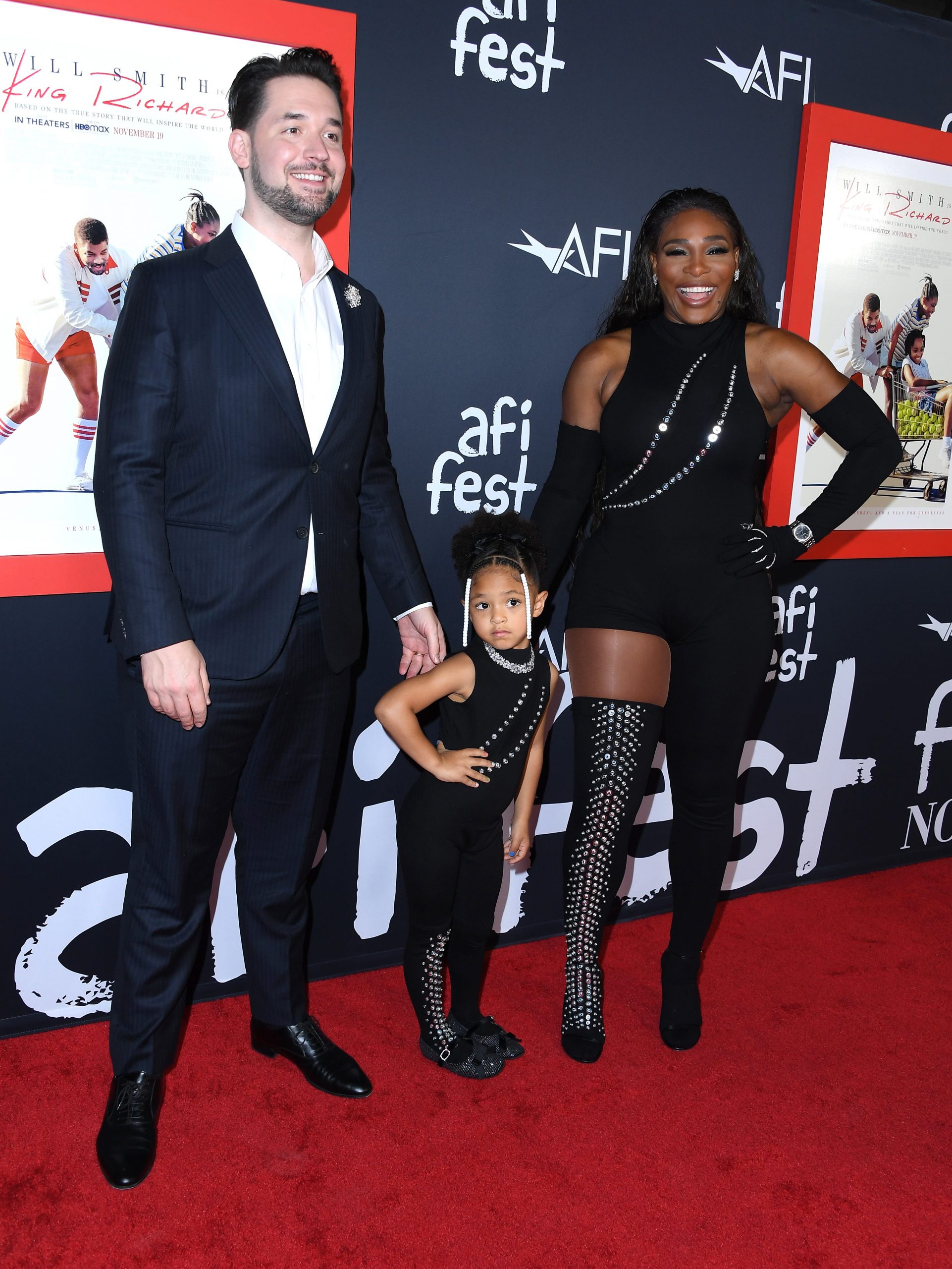 lexis Ohanian, Olympia Ohanian Jr, and Serena Williams arrives at the 2021 AFI Fest: Closing Night Premiere Of Warner Bros. "King Richard" at TCL Chinese Theatre on November 14, 2021 in Hollywood, California.