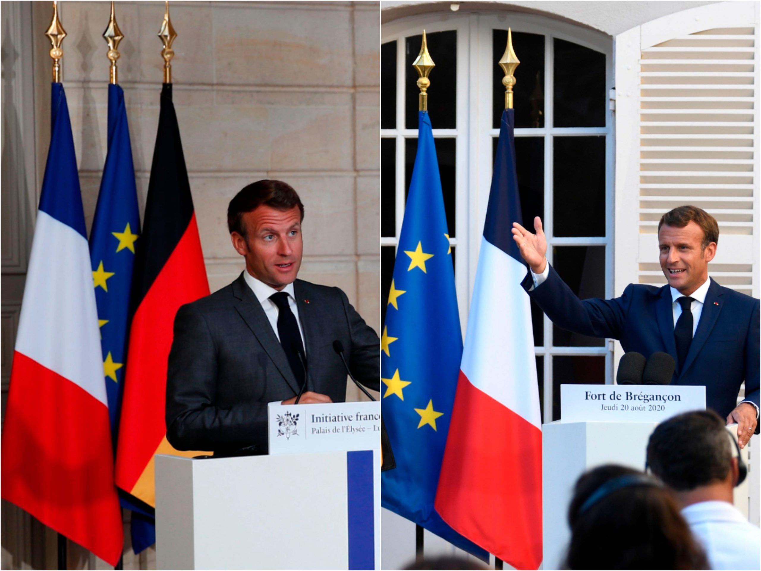 French President Emmanuel Macron in front of the French and European Union flags in May 2020 (left) and August 2020 (right).