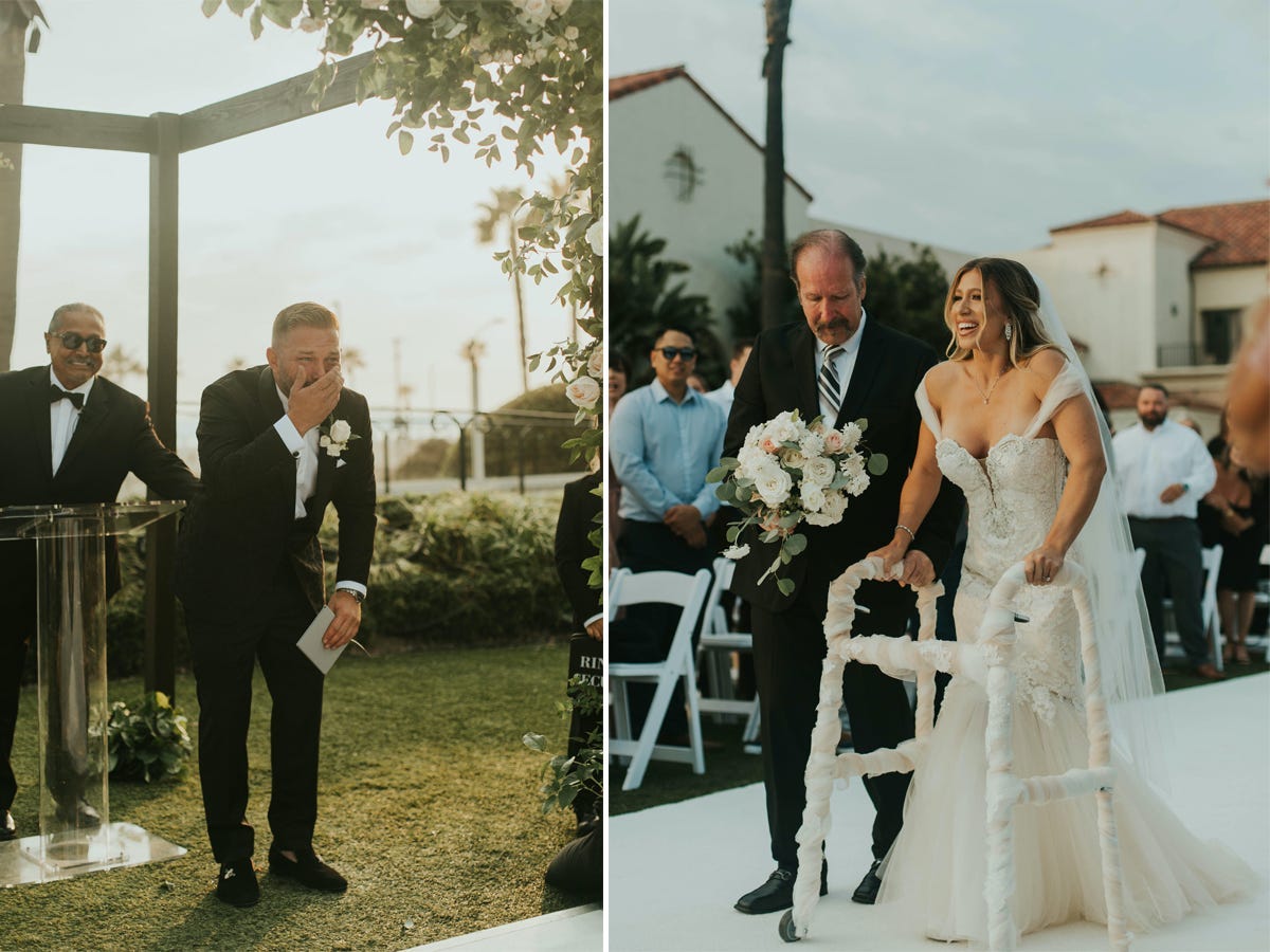 A side-by-side of a groom seeing his bride walking down the aisle using a walker.