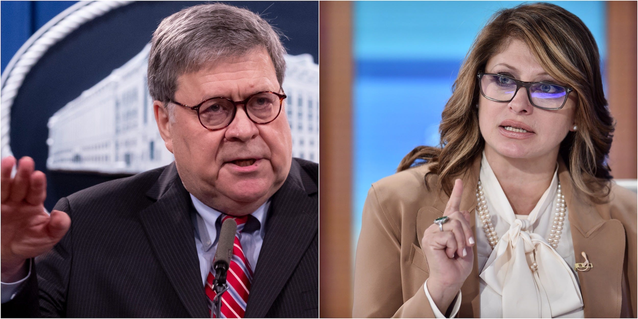 Collage: Former Attorney General Bill Barr and Fox News host Maria Bartiromo.