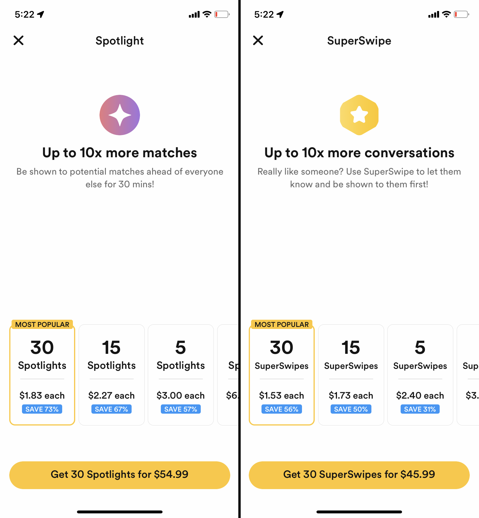 The menu on Bumble where you can buy Spotlights or SuperSwipes.