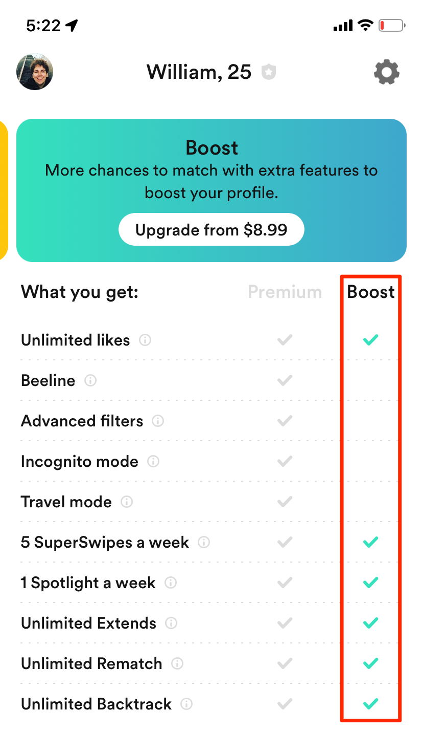 A page showing what features you unlock with Bumble Boost.