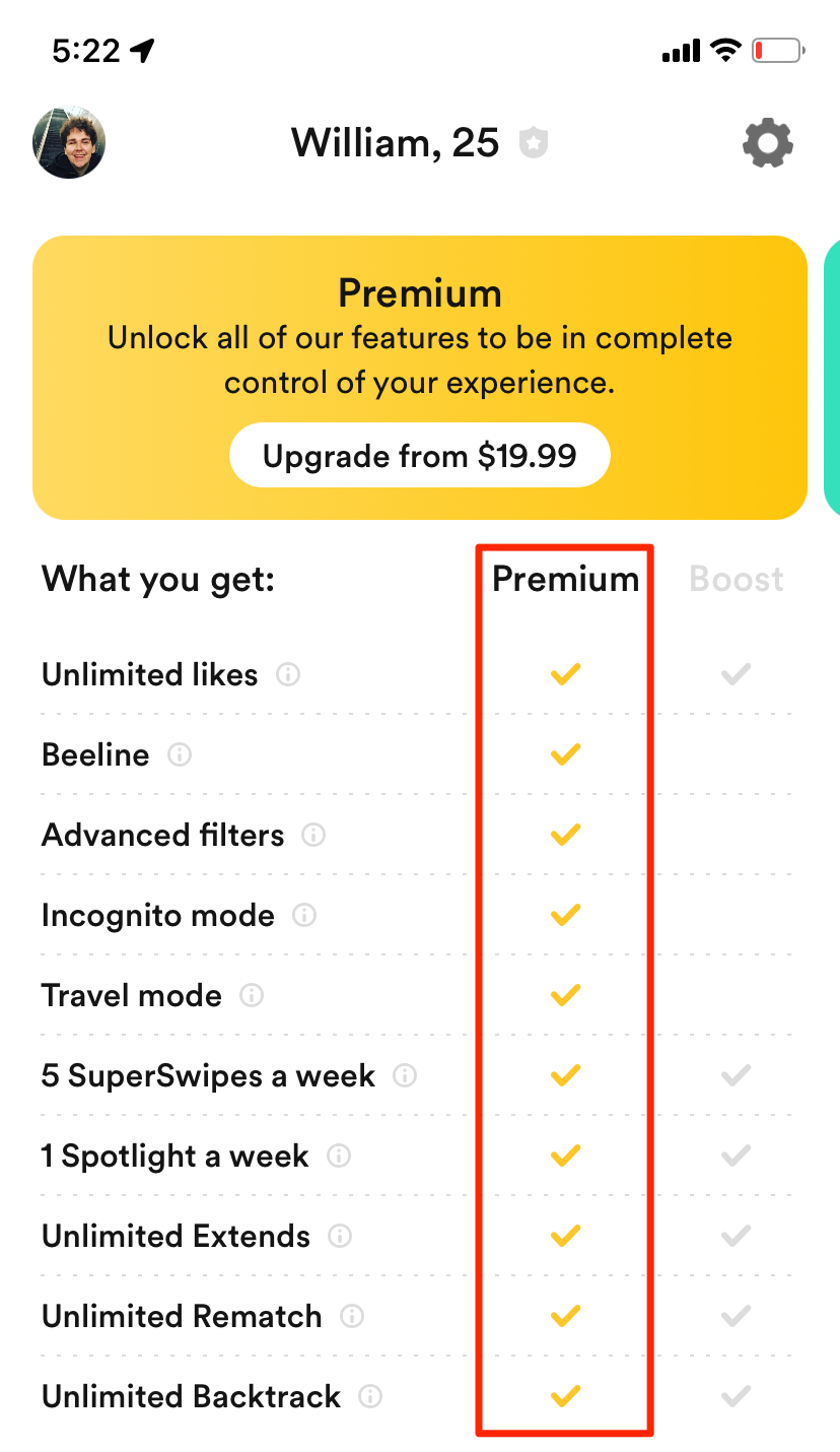 A page showing the features of Bumble Premium.