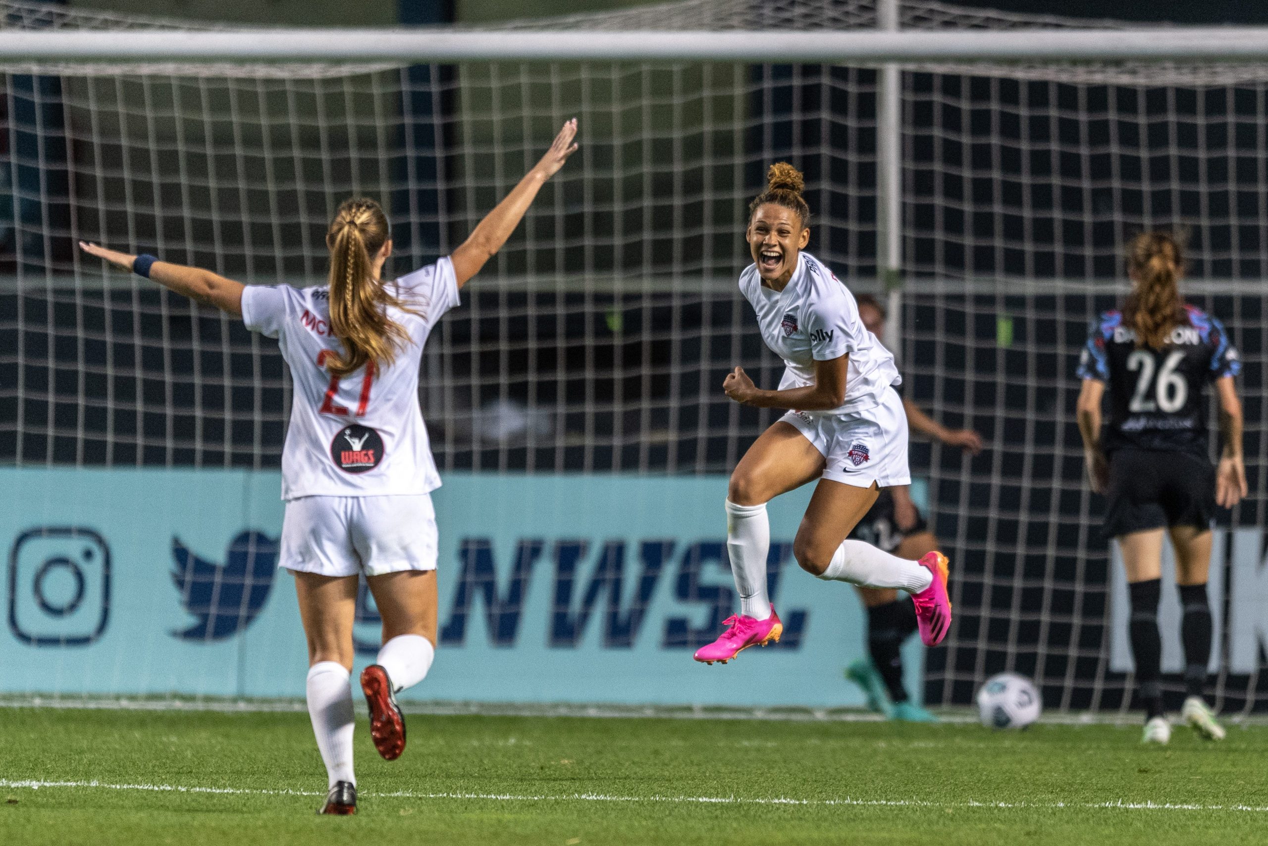 Washington Spirit striker Trinity Rodman celebrates scoring a goal against the Chicago Red Stars during the regular season.