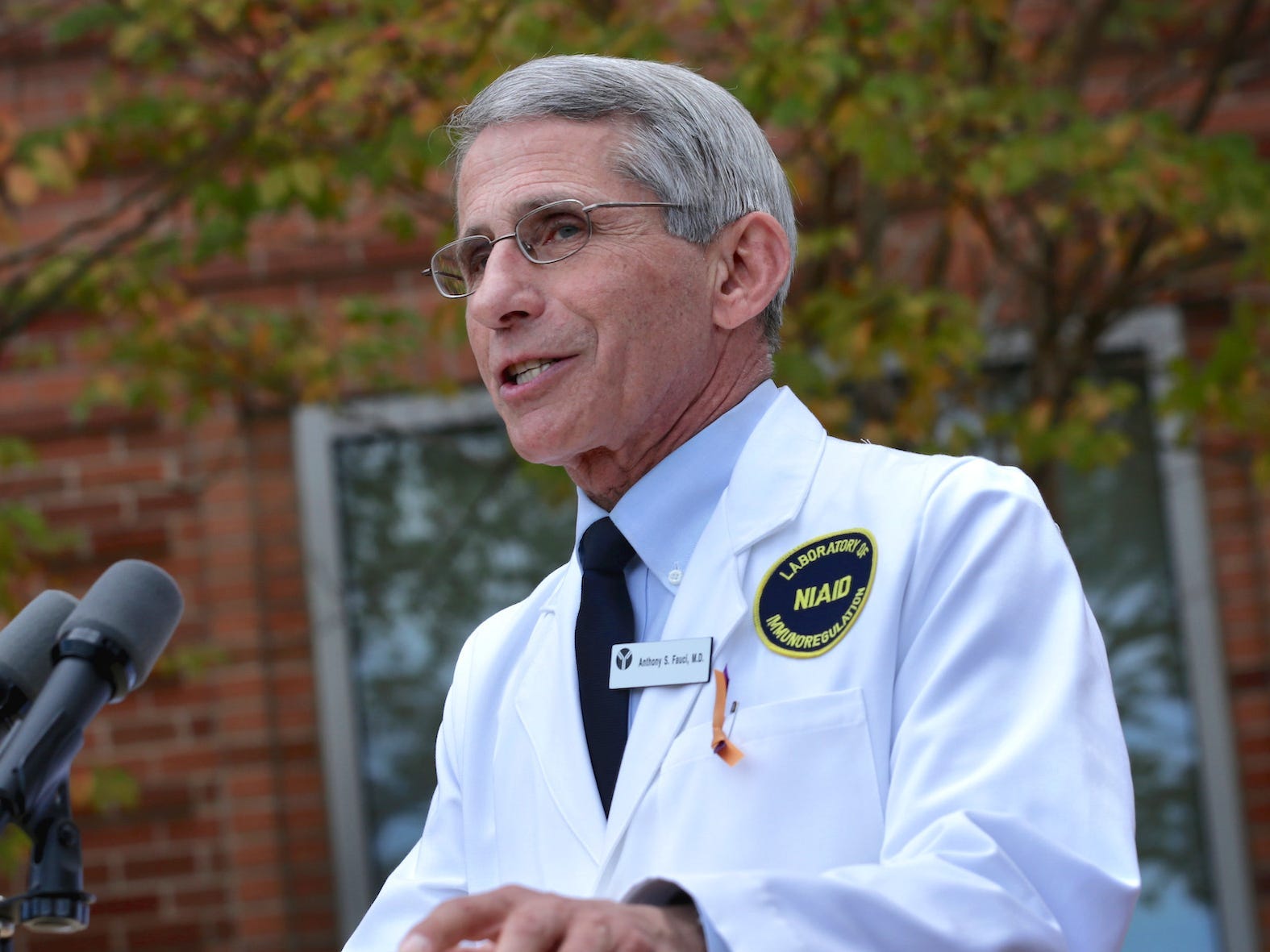 Dr. Anthony Fauci, Director of the National Institute of Allergy and Infectious Diseases, speaks to members of the media at the National Institutes of Health October 24, 2014 in Bethesda, Maryland.
