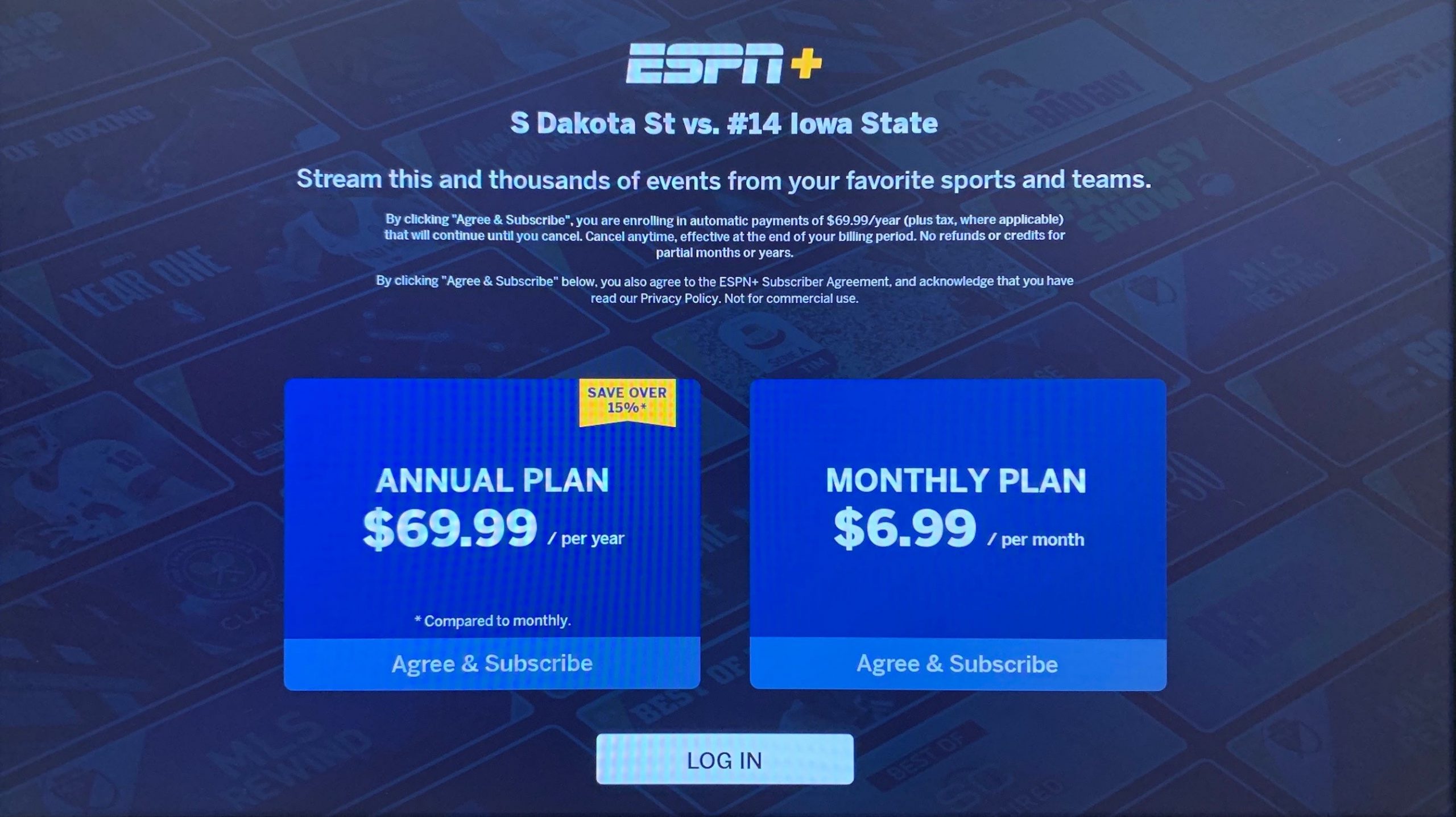 The signup page for ESPN Plus in the ESPN Roku app.