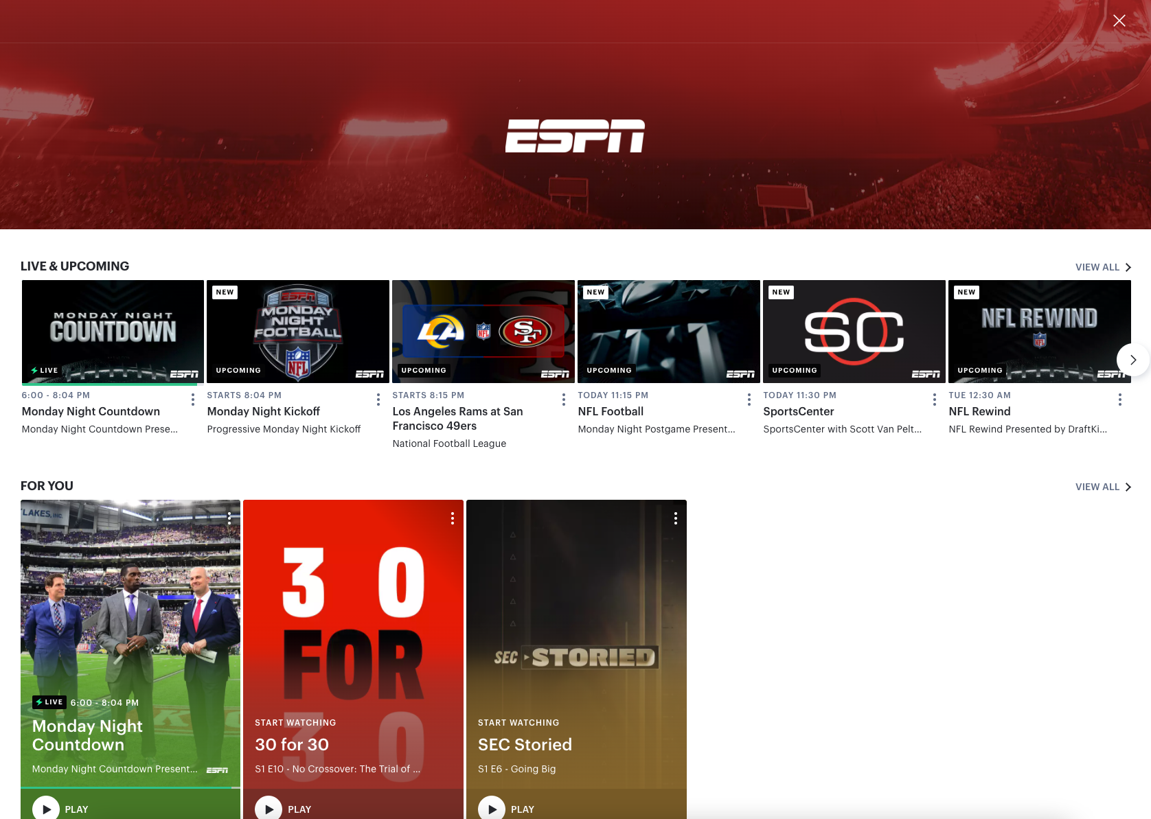 The landing page for ESPN on Hulu + Live TV.