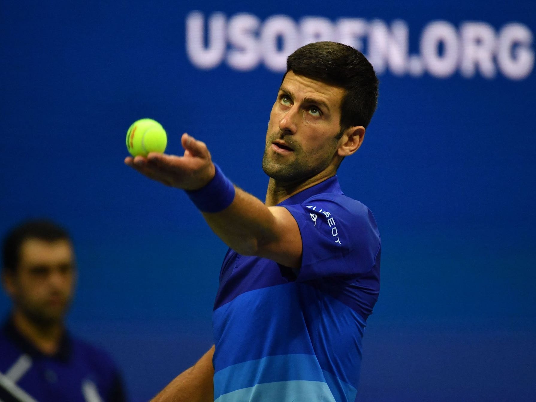 Serbia's Novak Djokovic serves to the Netherland's Tallon Griekspoor during their 2021 US Open Tennis tournament