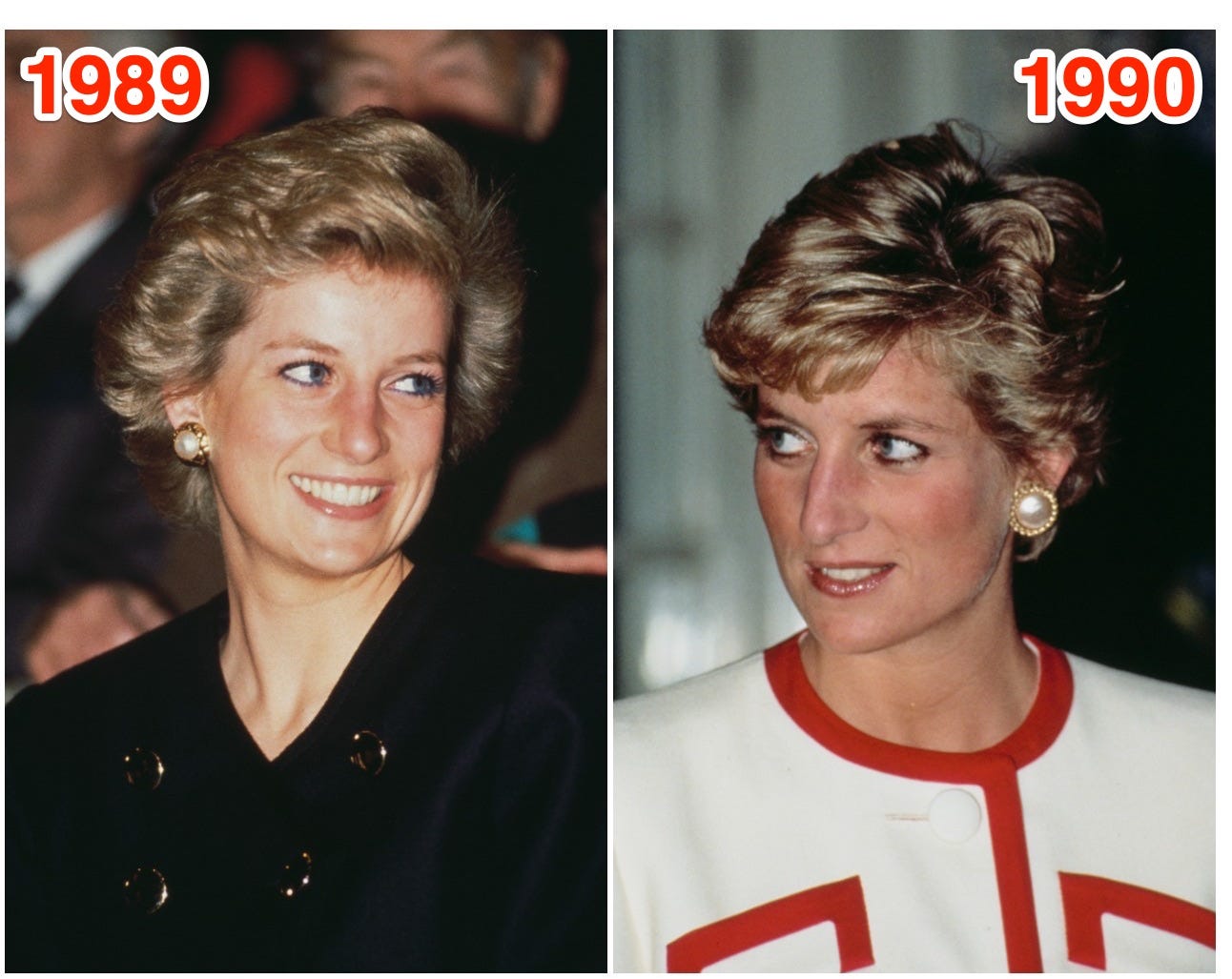 Princess Diana of Wales in 1989 (left) and in 1990 (right).