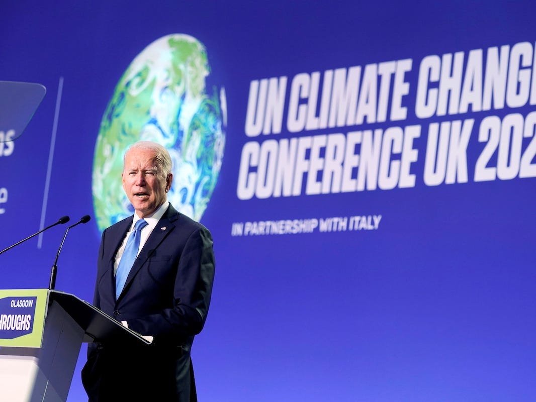 U.S. President Joe Biden speaks during the "Accelerating Clean Technology Innovation and Deployment" event at the UN Climate Change Conference (COP26) in Glasgow, Scotland, Britain November 2, 2021. Evan Vucci/Pool via REUTERS