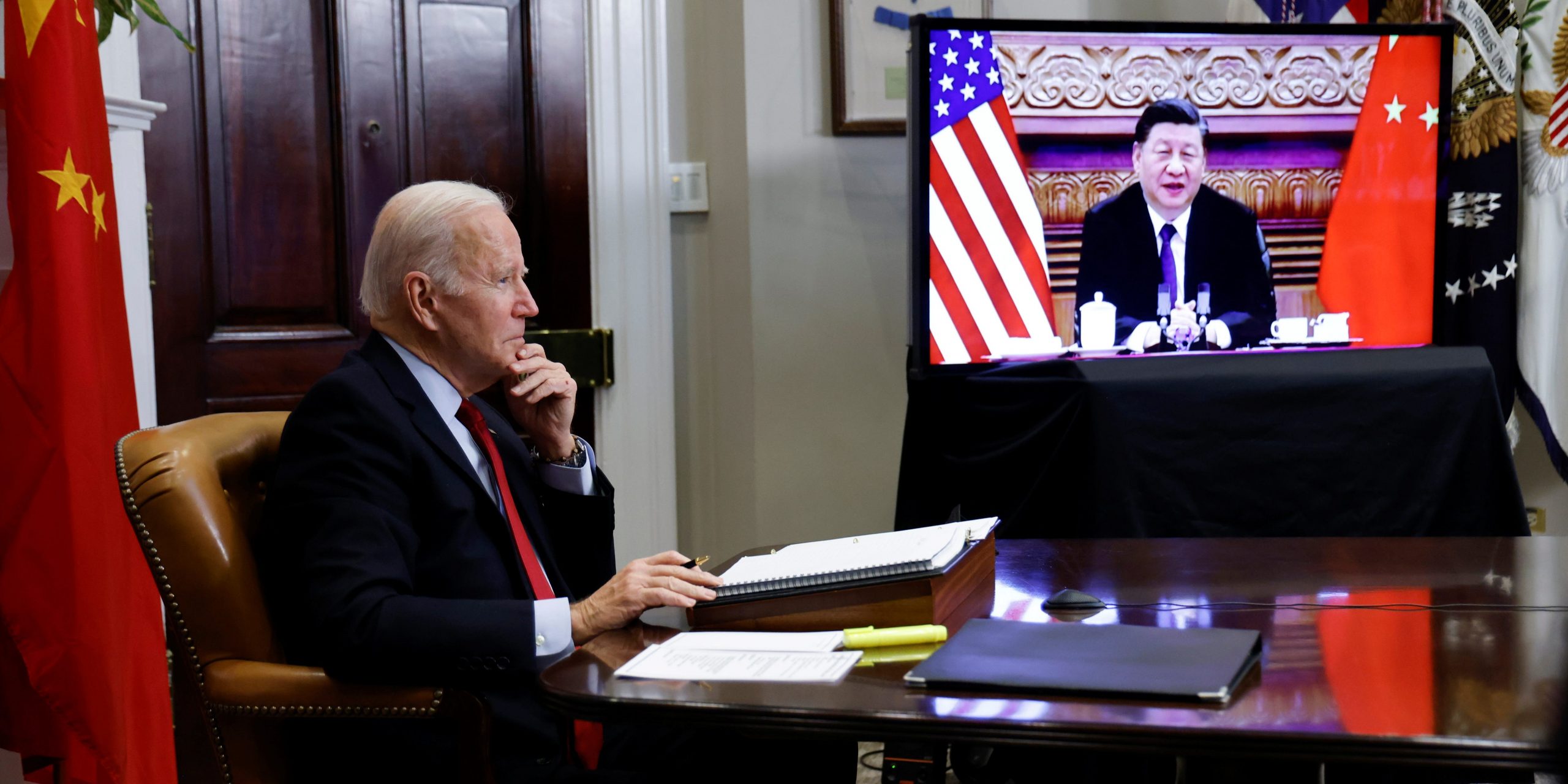 US President Joe Biden and Chinese President Xi Jinping at a virtual meeting.