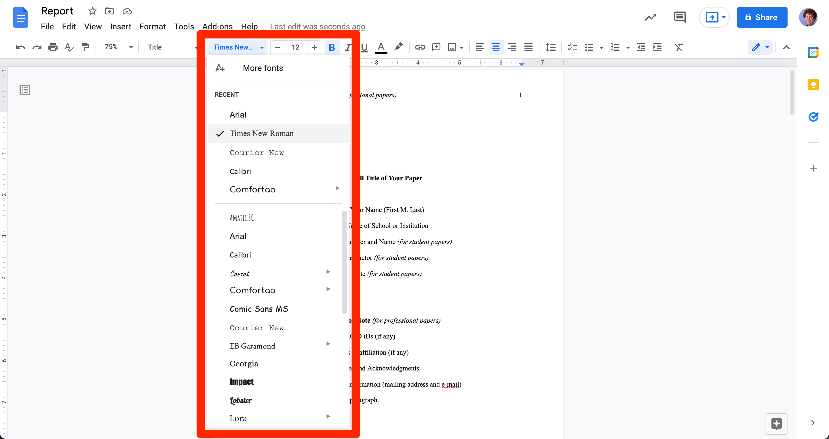 A Google Docs document with the font menu opened.