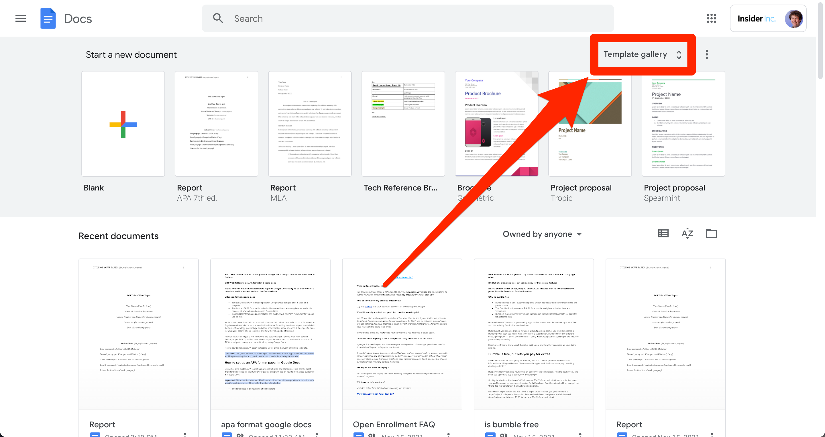 The Google Docs homepage, with the "Template gallery" option highlighted.