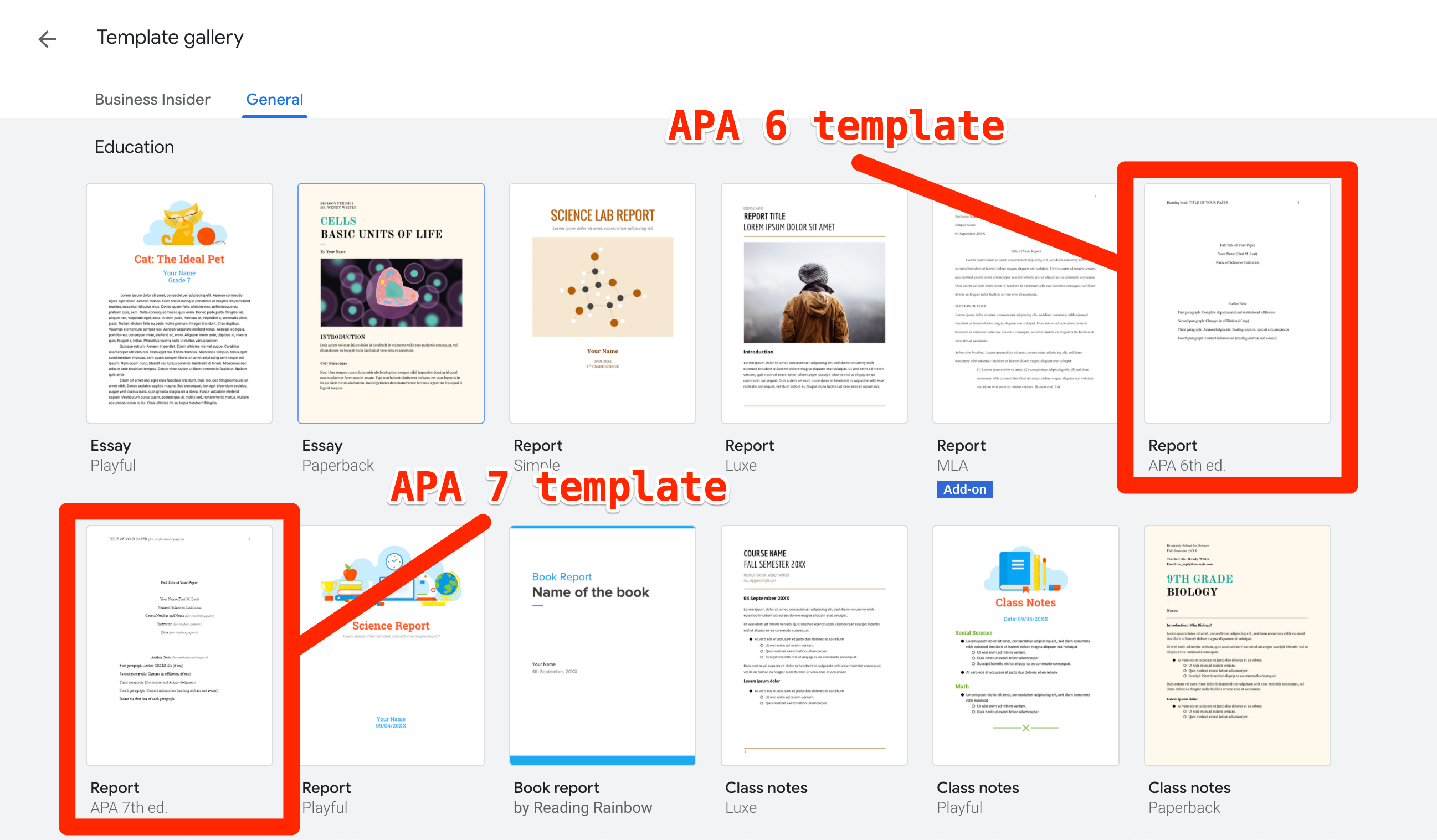 The APA 6th Ed. and APA 7th Ed. templates in Google Docs.