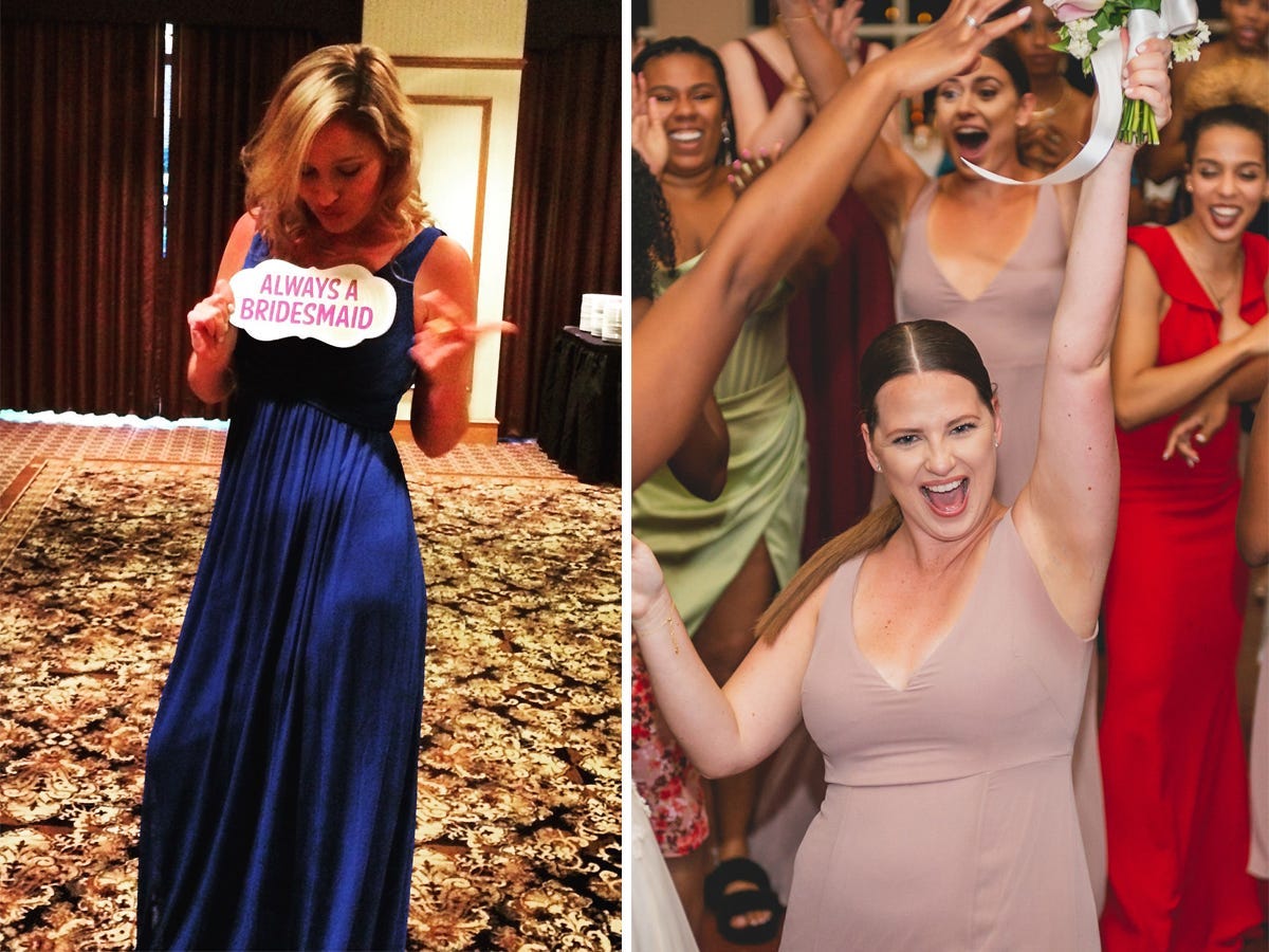 A side-by-side of two bridesmaids at different weddings.