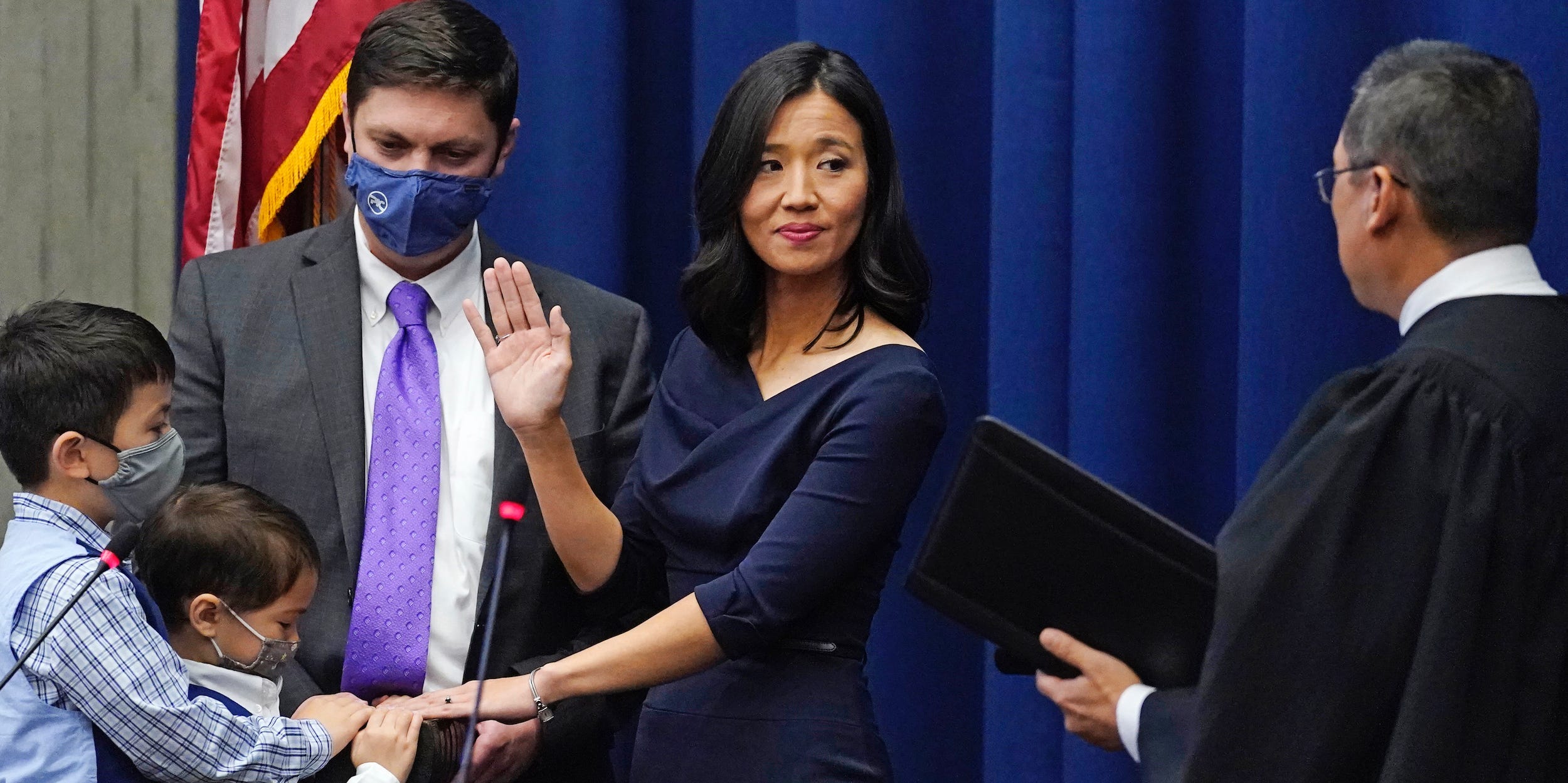 Michelle Wu, with her two sons Blaise and Cass, and husband Conor Pewarski