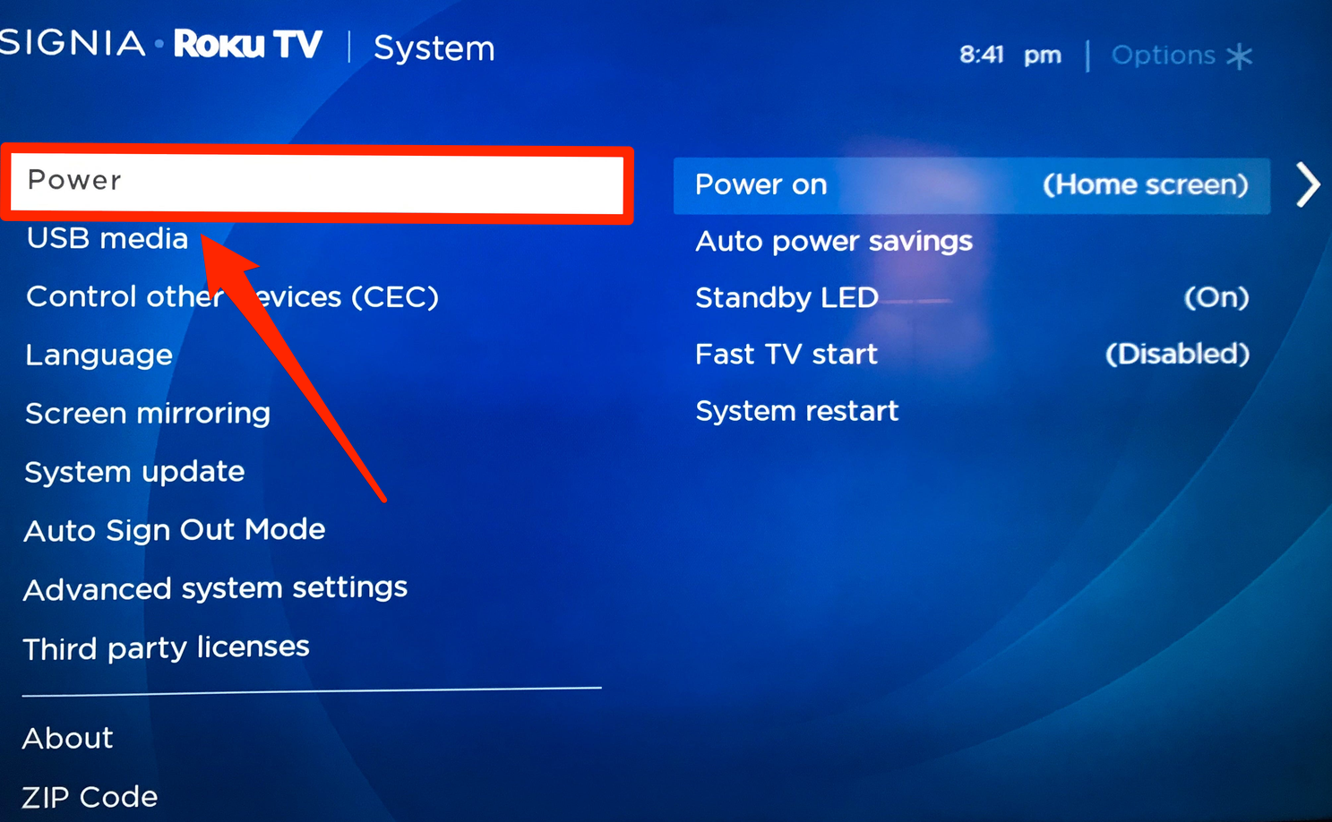 The Power menu on a Roku TV.