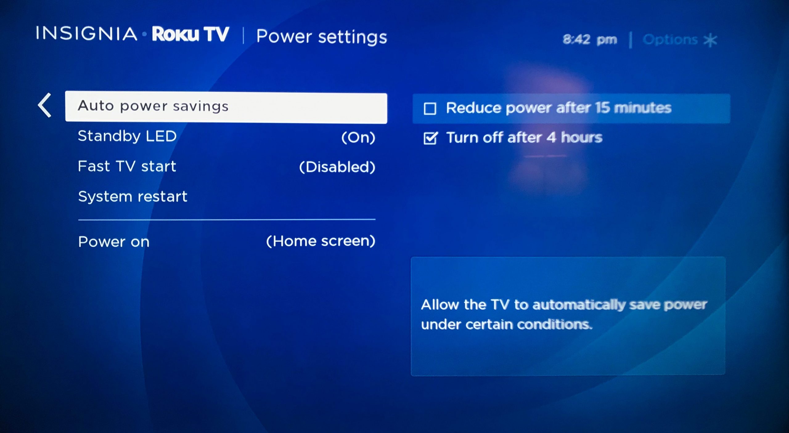 The Power settings on a Roku TV.