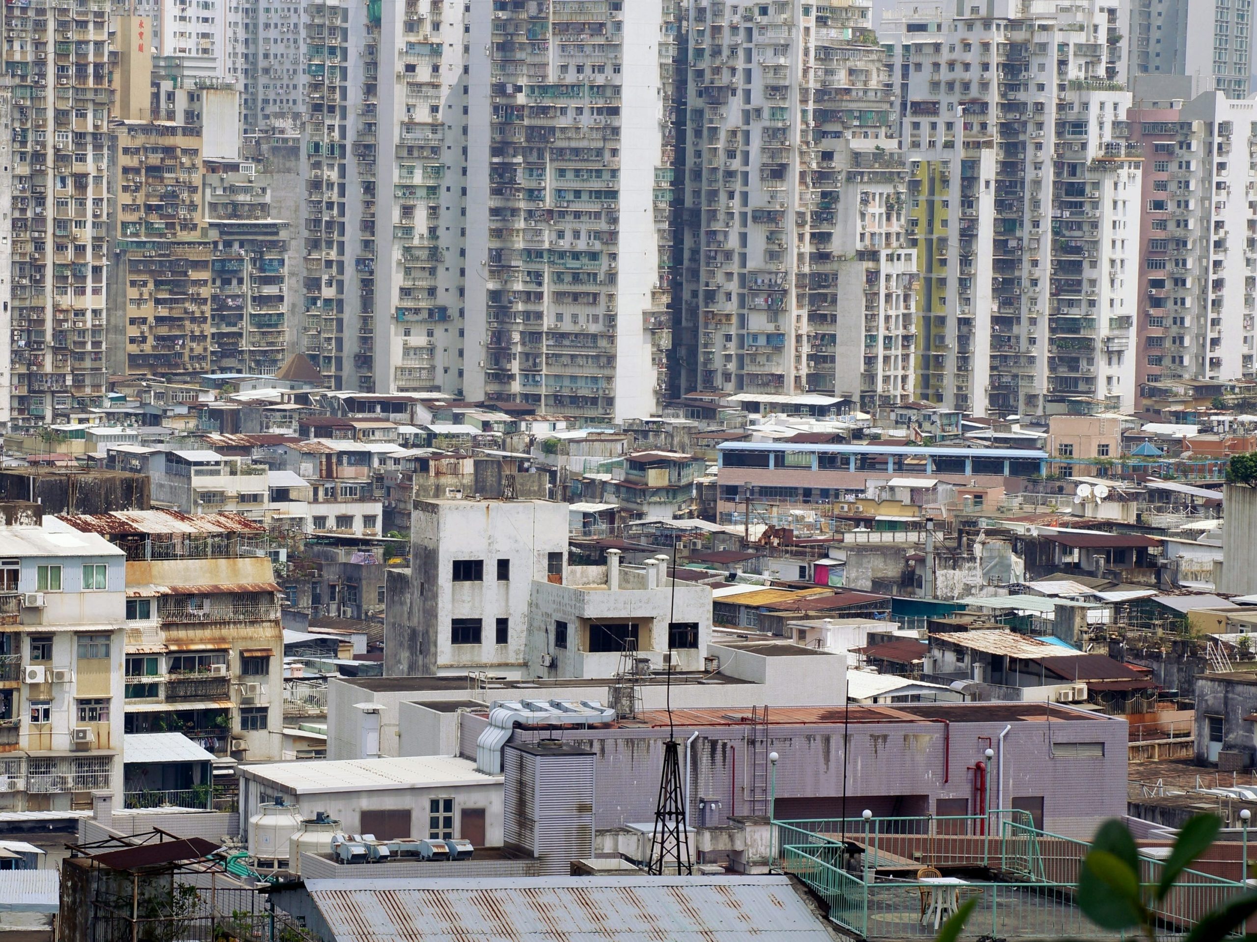 Cityscape of Macau shows run-down buildings in various states of disarray