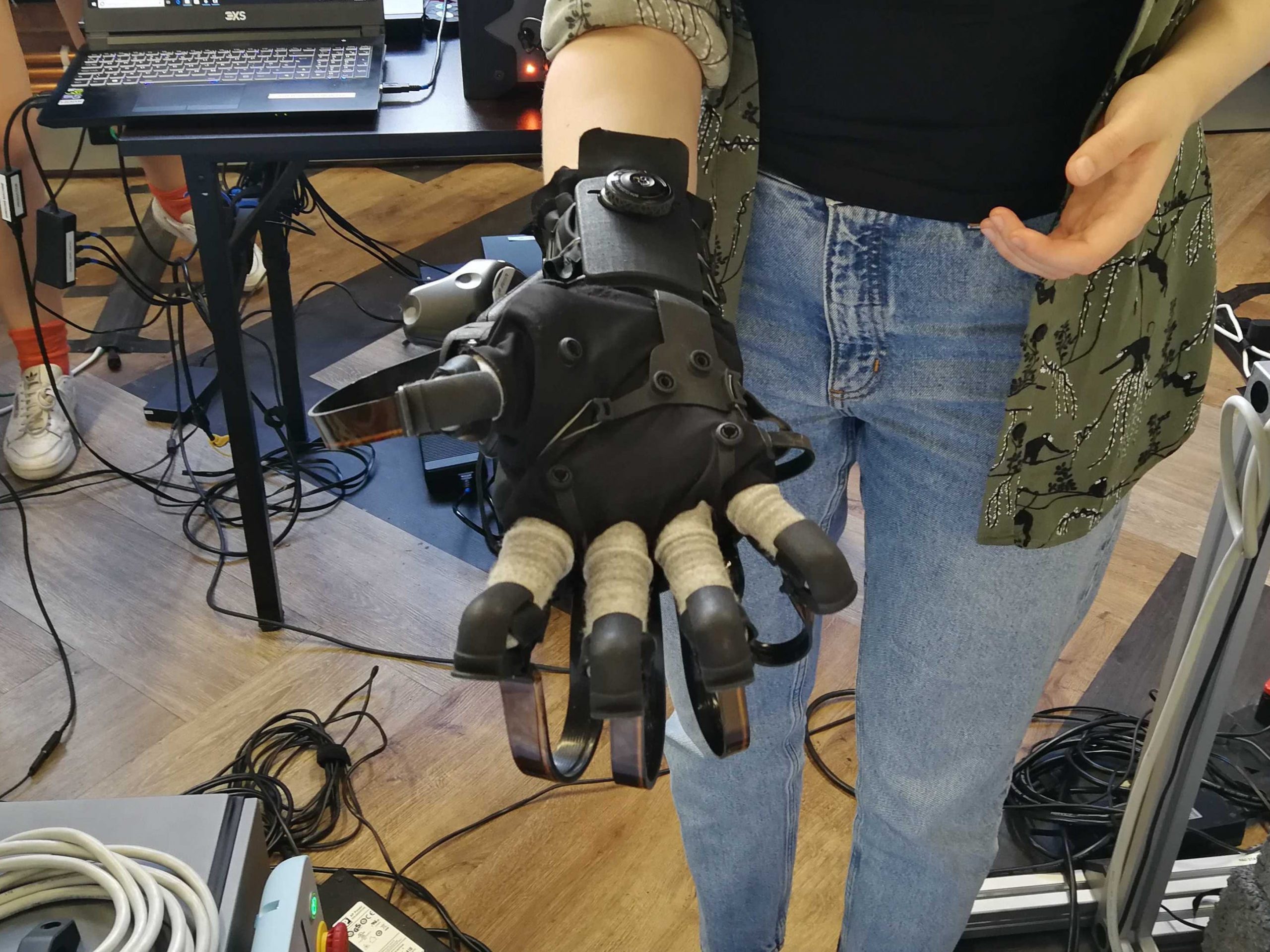 A HaptX haptic feedback glove.