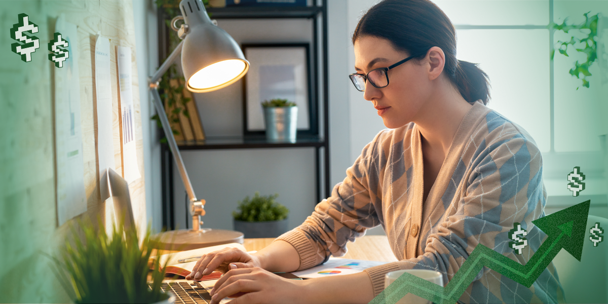 Woman working on a laptop at home.