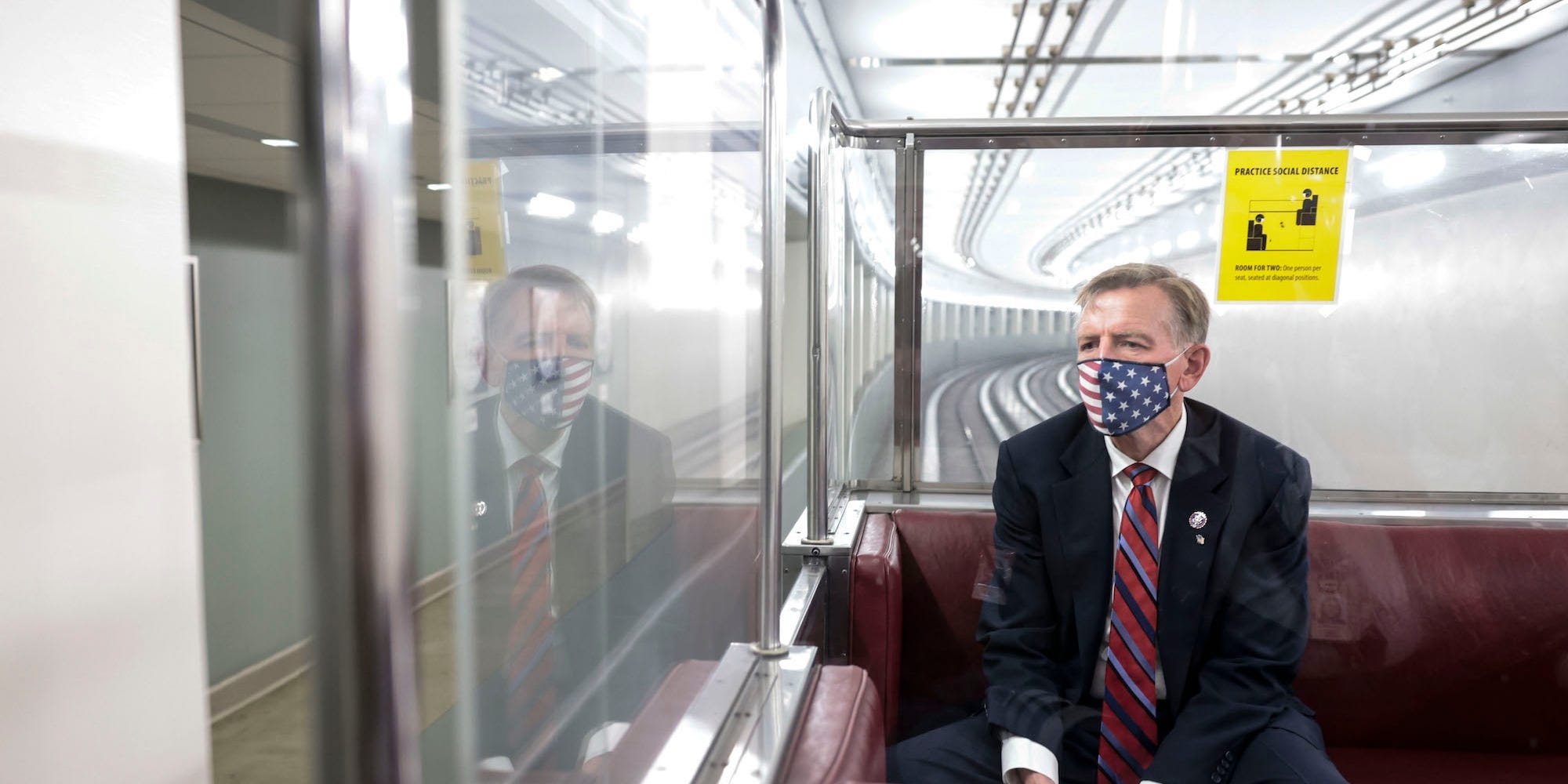 Republican Rep. Paul Gosar of Arizona rides alone on a subway car to the Capitol Building on November 17, 2021.