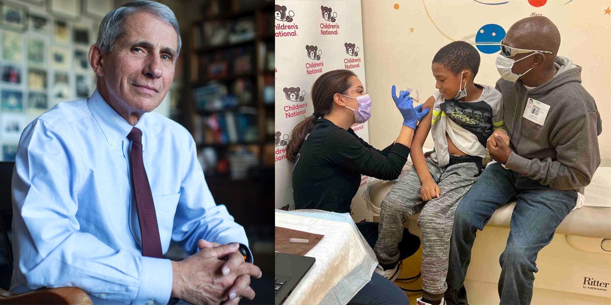 left: dr fauci, seated. right: a 7 yo boy gets his first covid 19 vaccine shot, with his dad by his side