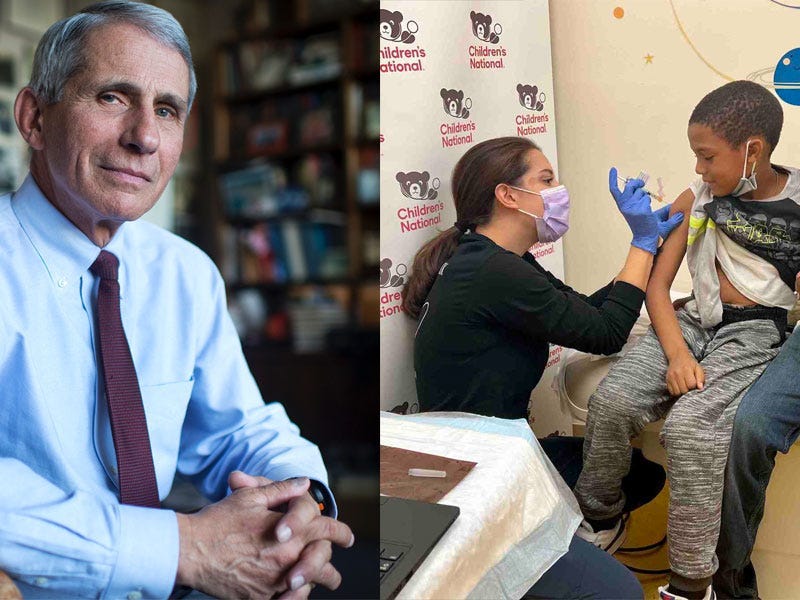 left: dr fauci, seated. right: a 7 yo boy gets his first covid 19 vaccine shot, with his dad by his side
