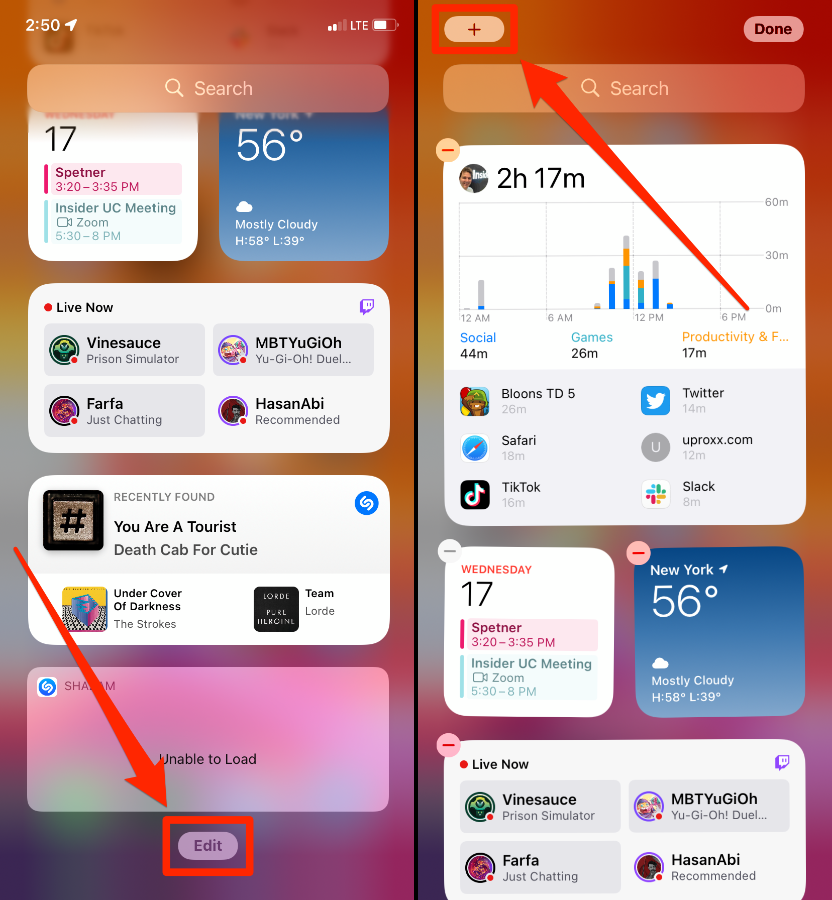 The Widgets page on an iPhone, with the Edit and add widgets icons highlighted.
