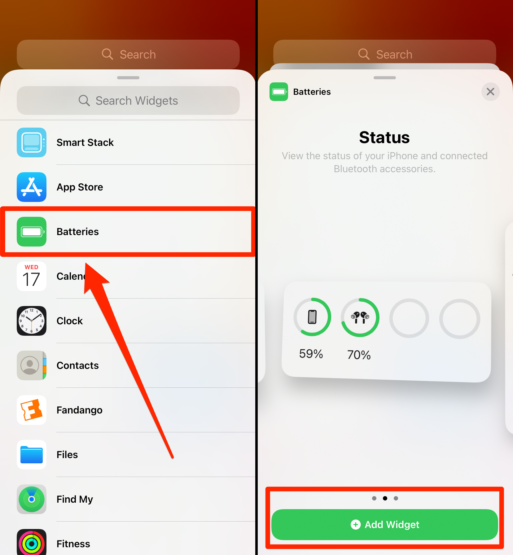 Showing how to add a Batteries widget and pick its size.