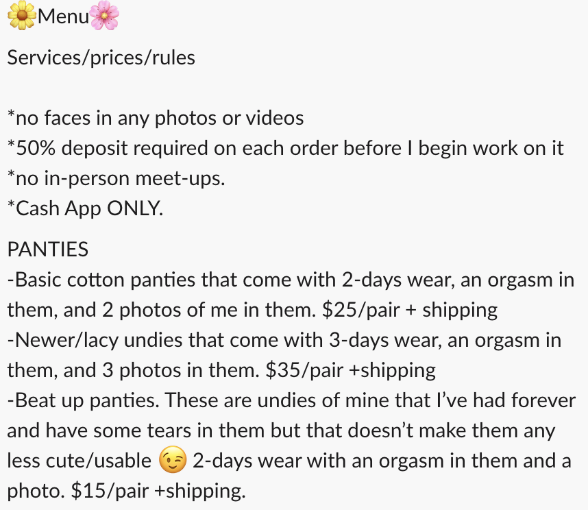 The menu an erotic content creator made for clients requesting used socks and underwear.