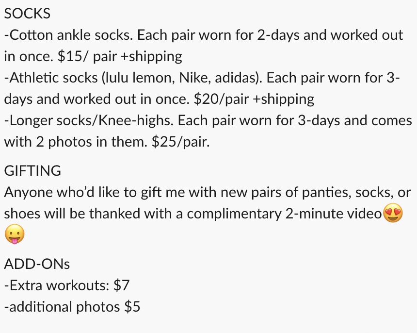 The menu an erotic content creator made for clients requesting used socks and underwear.