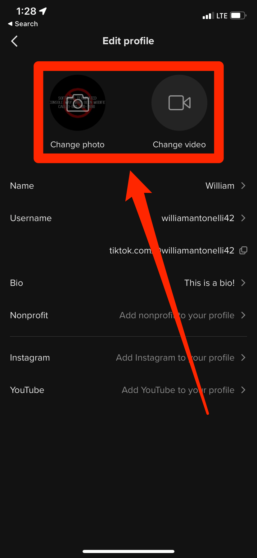 The "Edit profile" menu in TikTok, with the options to change the profile icon highlighted.