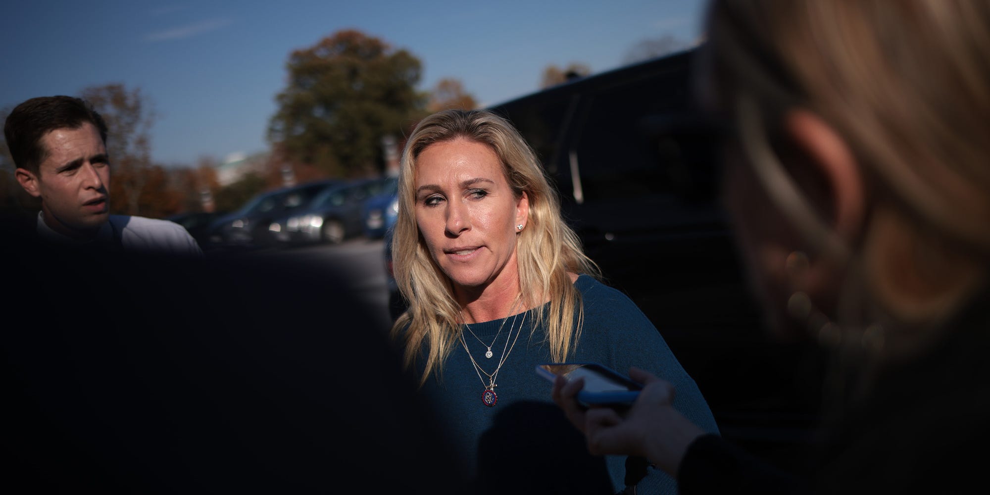 Republican Rep. Marjorie Taylor Greene speaks with reporters about the Gosar censure resolution outside the House on November 17, 2021.