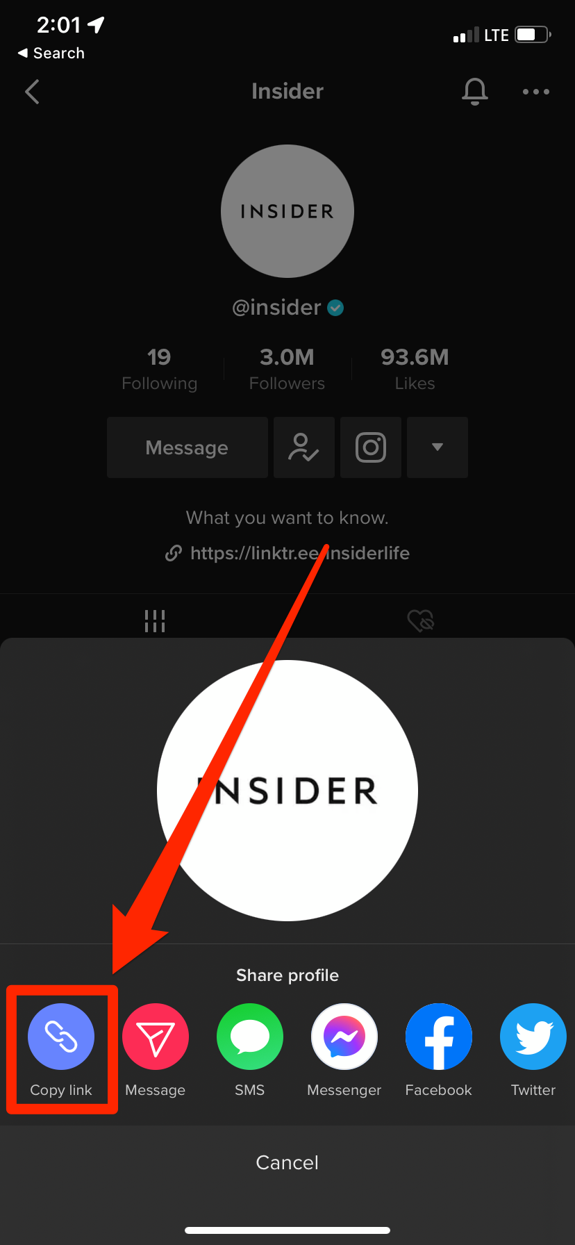 The "Share profile" menu on TikTok.