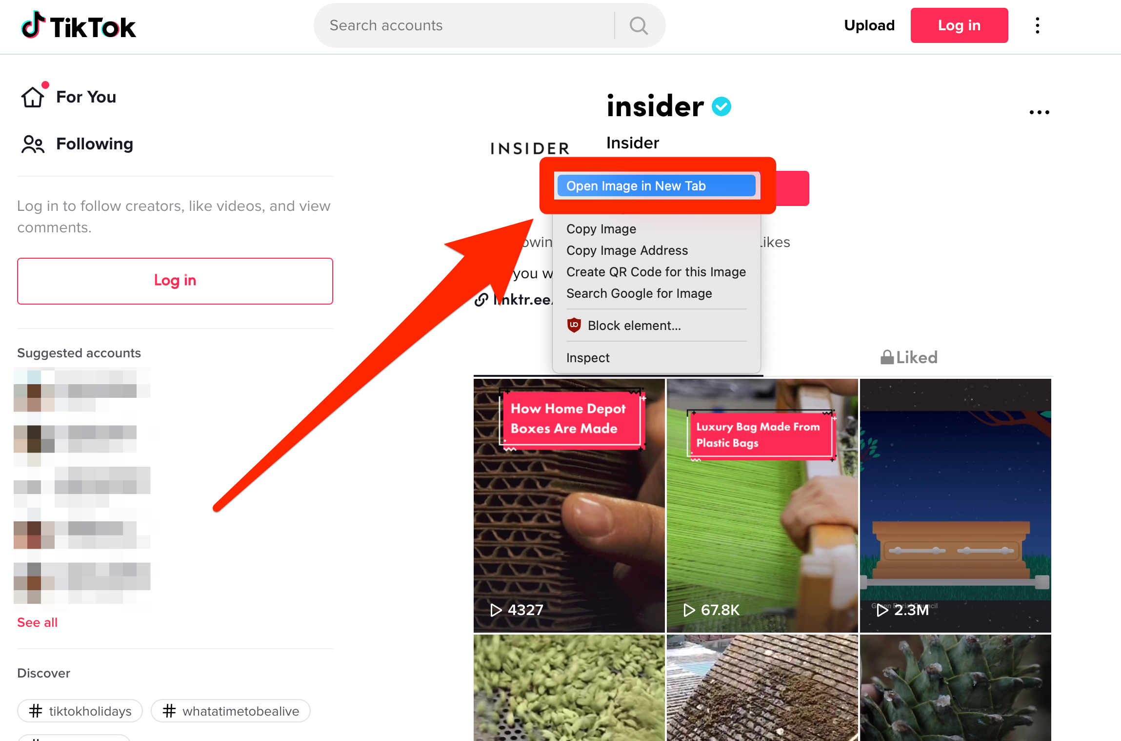 The Insider TikTok page. The user has right-clicked the profile picture and selected the "Open image in a new tab" option.