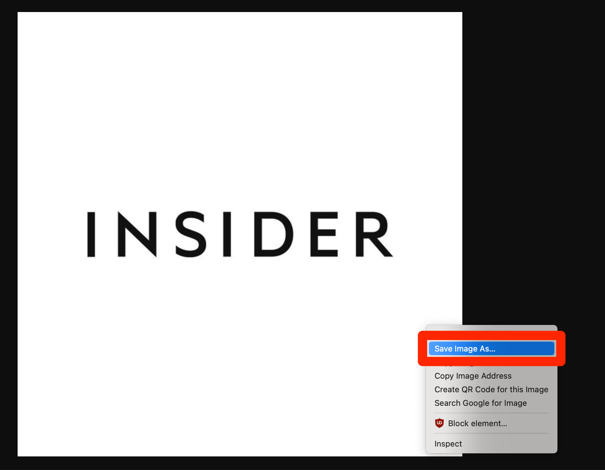 The Insider logo, with a drop-down menu in front of it with a variety of options for saving or copying the image.