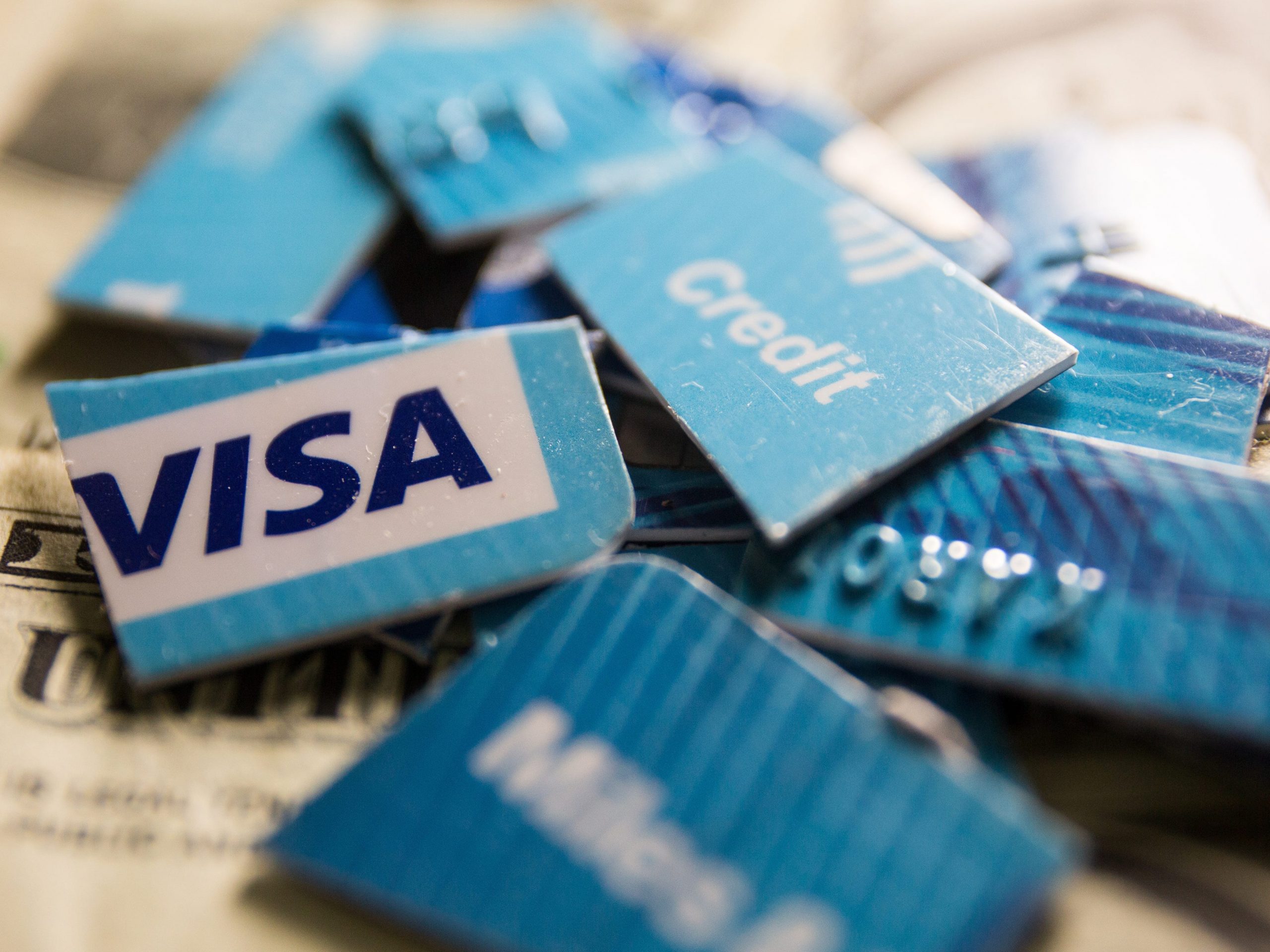 A cut up Visa card.