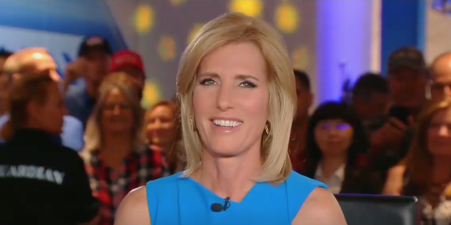 A head-and-shoulders shot of Laura Ingraham smiling, screenshotted from Fox News, with audience in the background