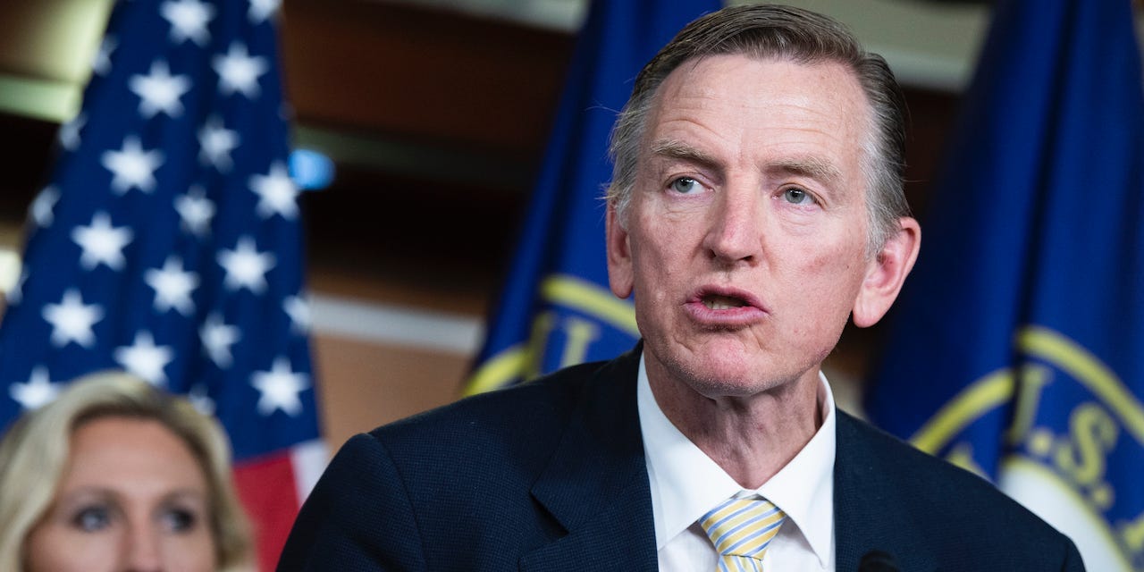 Reps. Paul Gosar, R-Ariz., and Marjorie Taylor Greene, R-Ga., conduct a news conference in the Capitol Visitor Center on Tuesday, June 15, 2021.