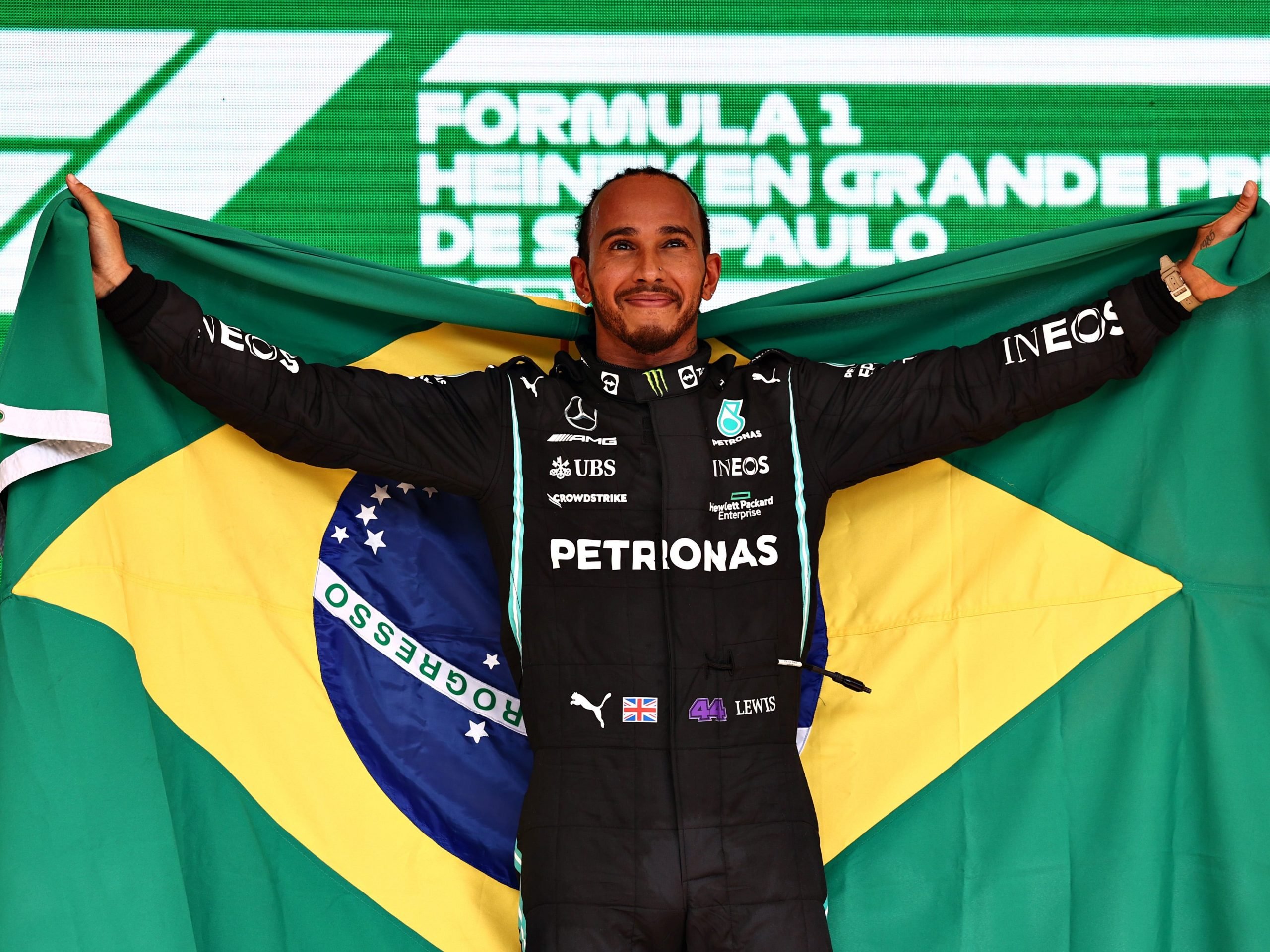 Lewis Hamilton celebrates winning the Sao Paulo Grand Prix.