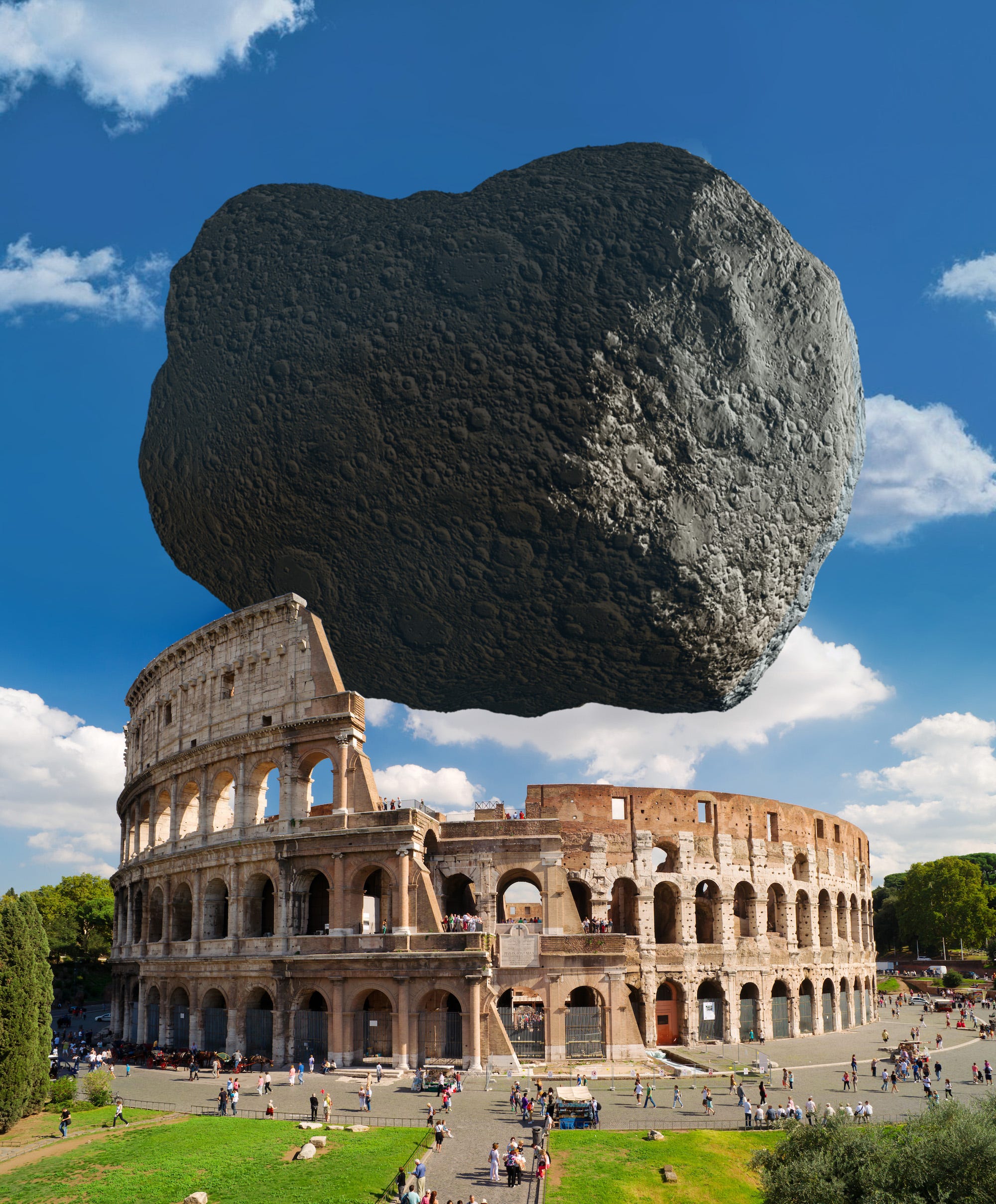 asteroid dimorphos edited next to rome Colosseum showing they are the same size