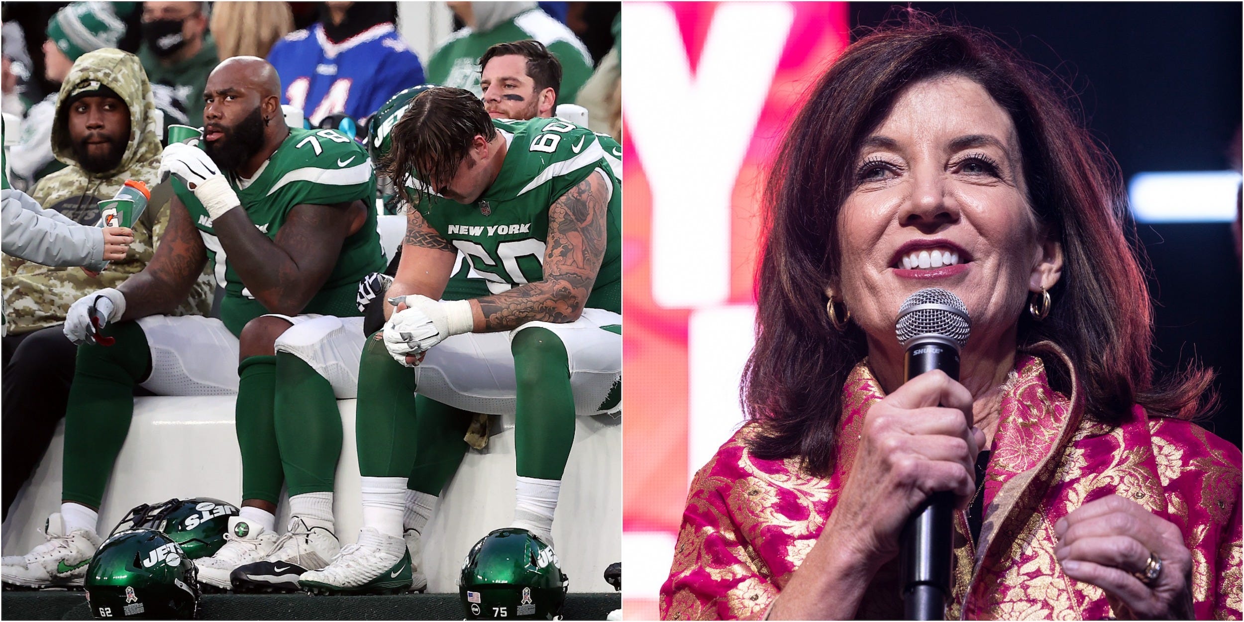 New York Jets football players (left), New York Gov. Kathy Hochul (right).