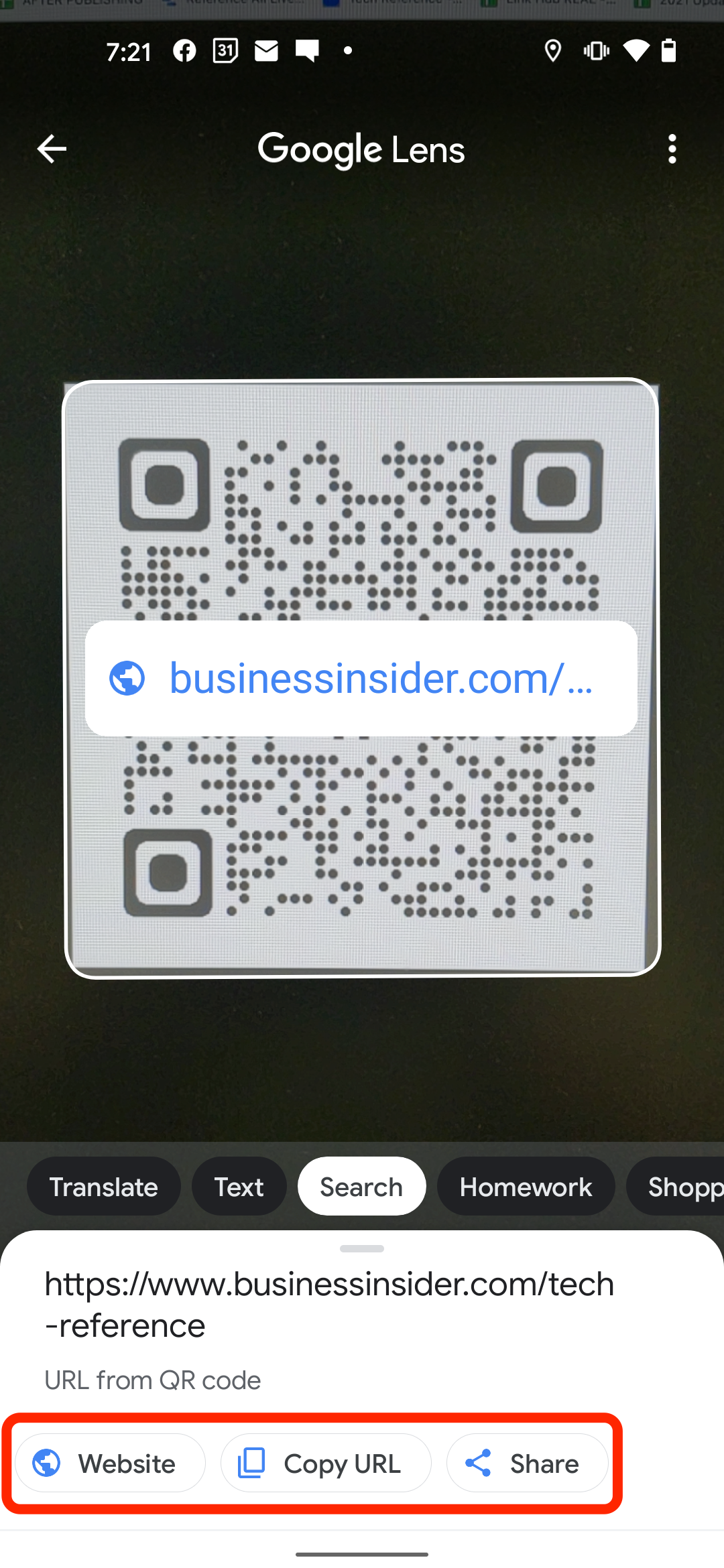 The "Search" menu that appears when you scan a QR code in Google Lens.